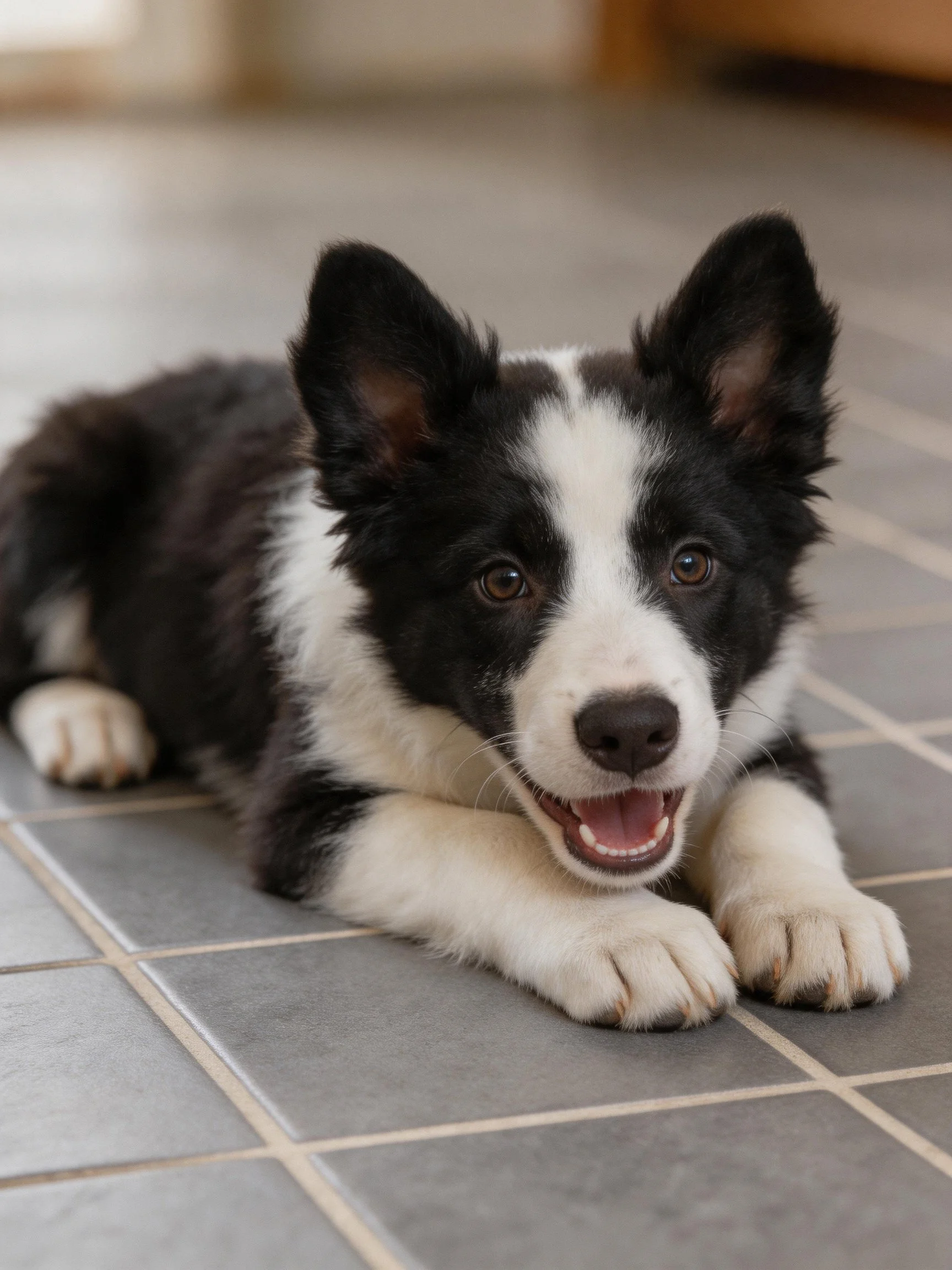 A black and white Border Collie puppy rests happily on tiled flooring.