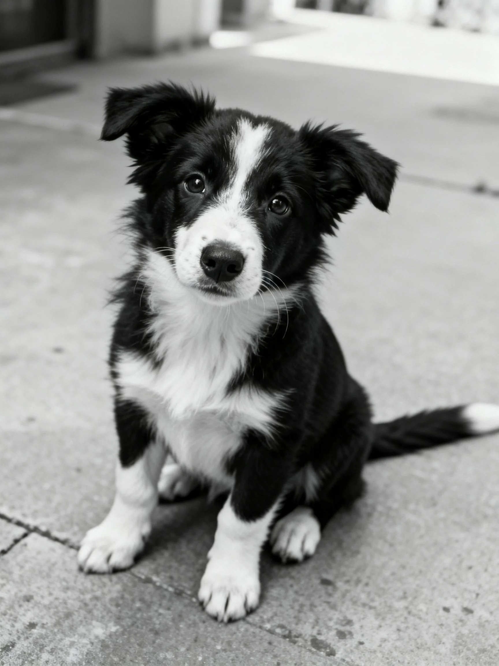 A black and white Border Collie puppy sits attentively on a concrete surface.