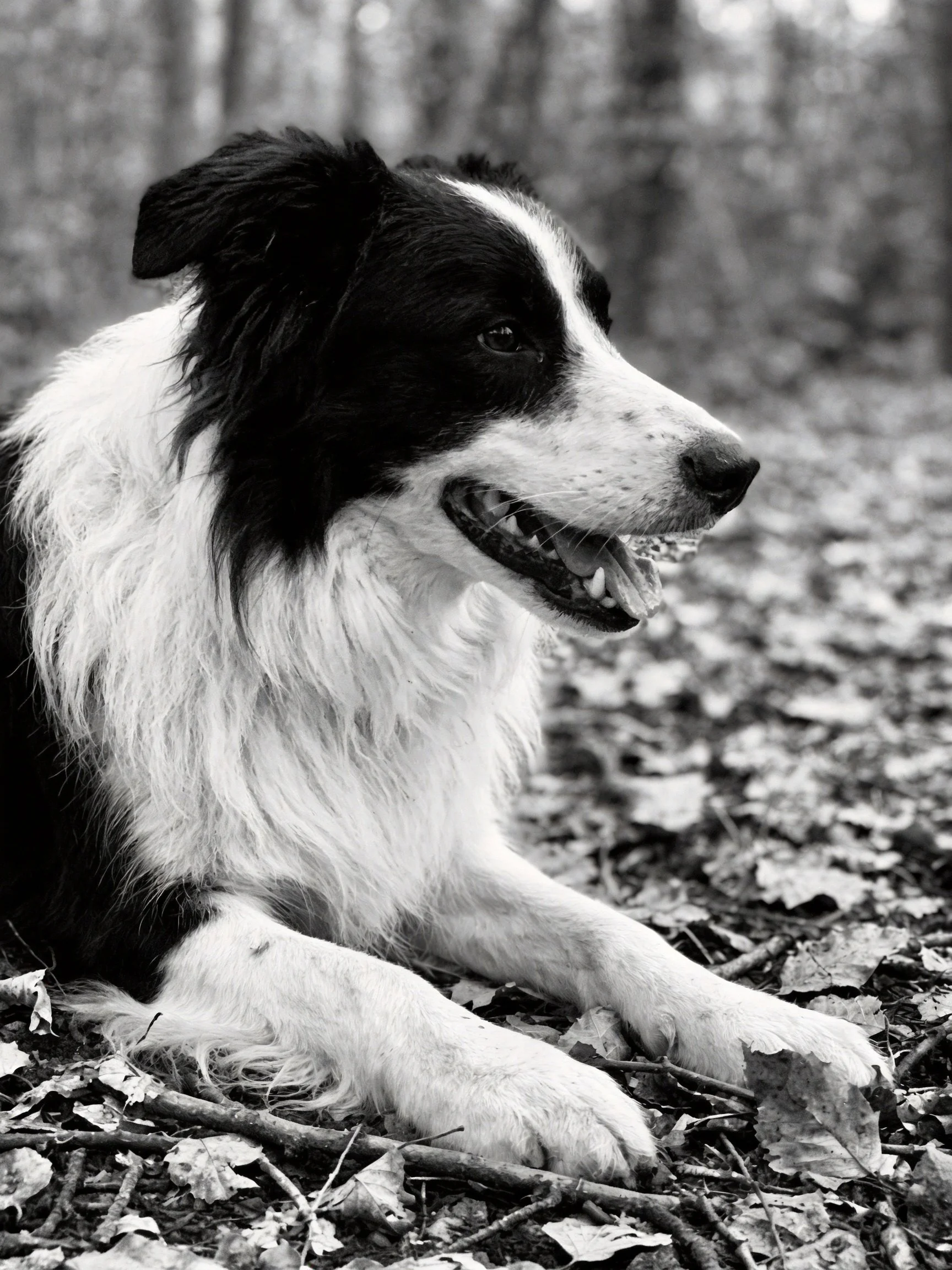 A black and white Border Collie lies calmly among scattered leaves outdoors.