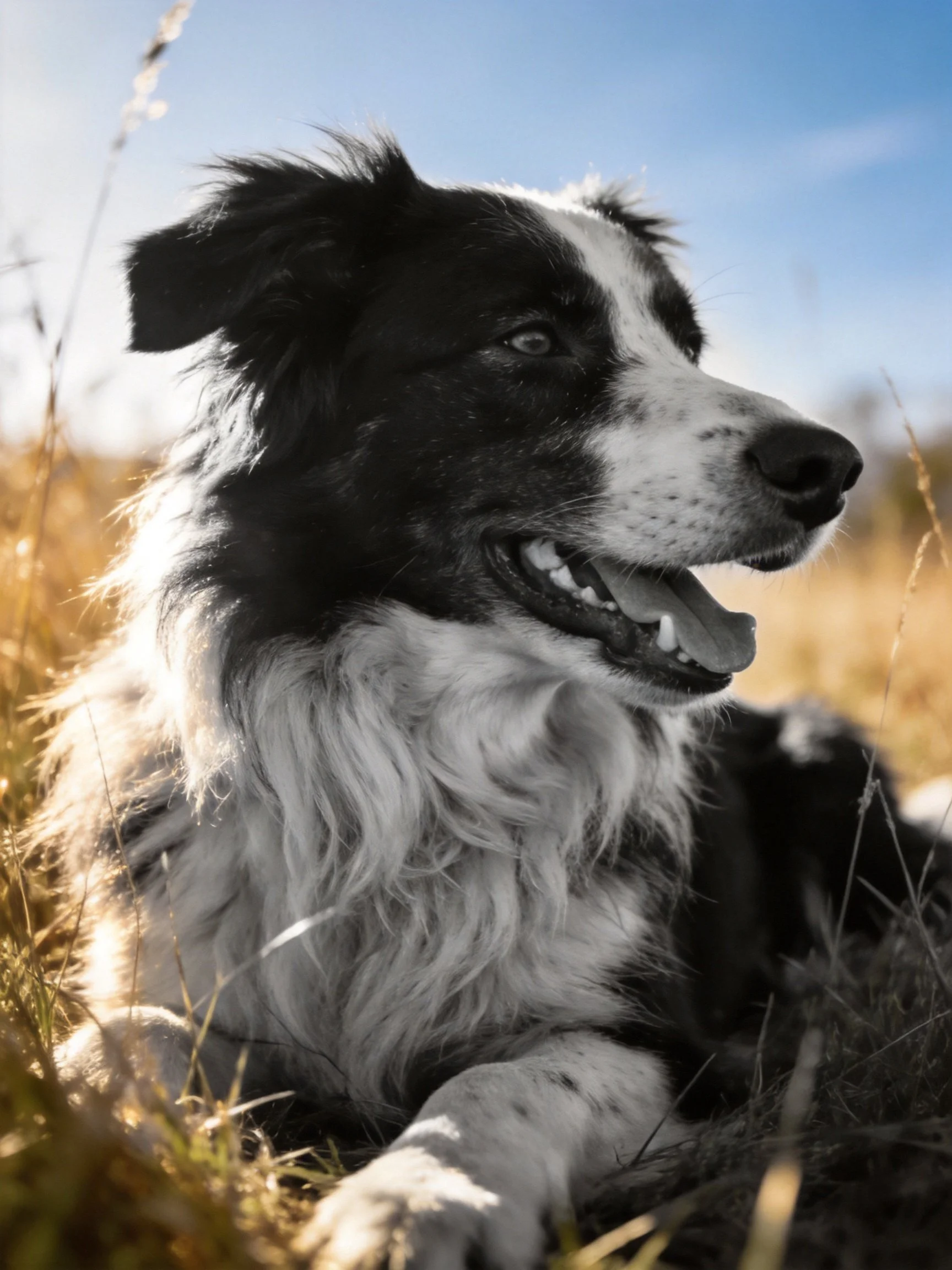 A black and white Border Collie relaxes in golden grass under sunny conditions.