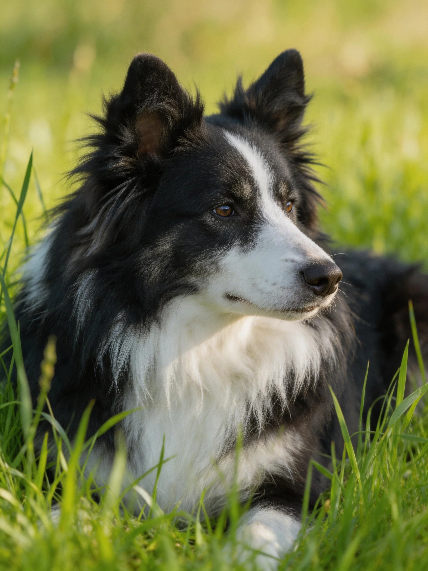 A black and white Border Collie rests peacefully among tall green grass.