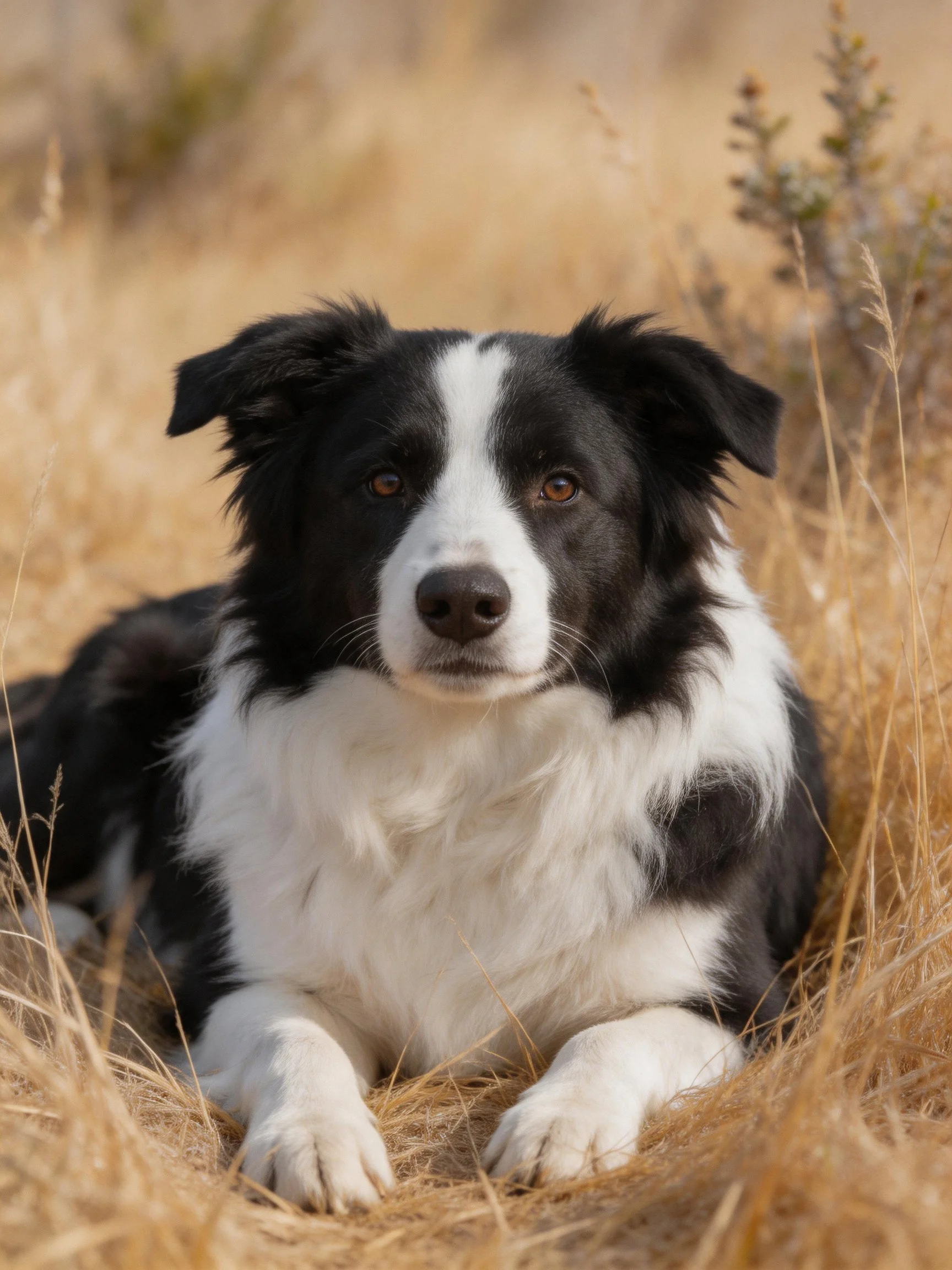 A black and white Border Collie resting in tall golden grass