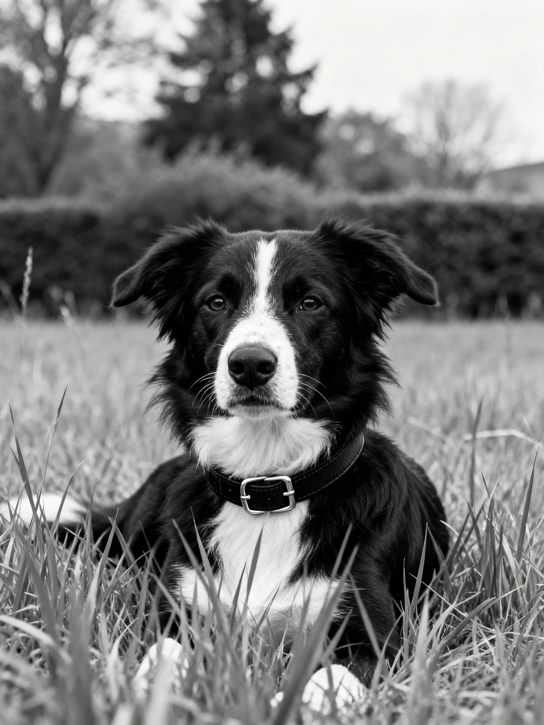 A black and white Border Collie rests in tall grass
