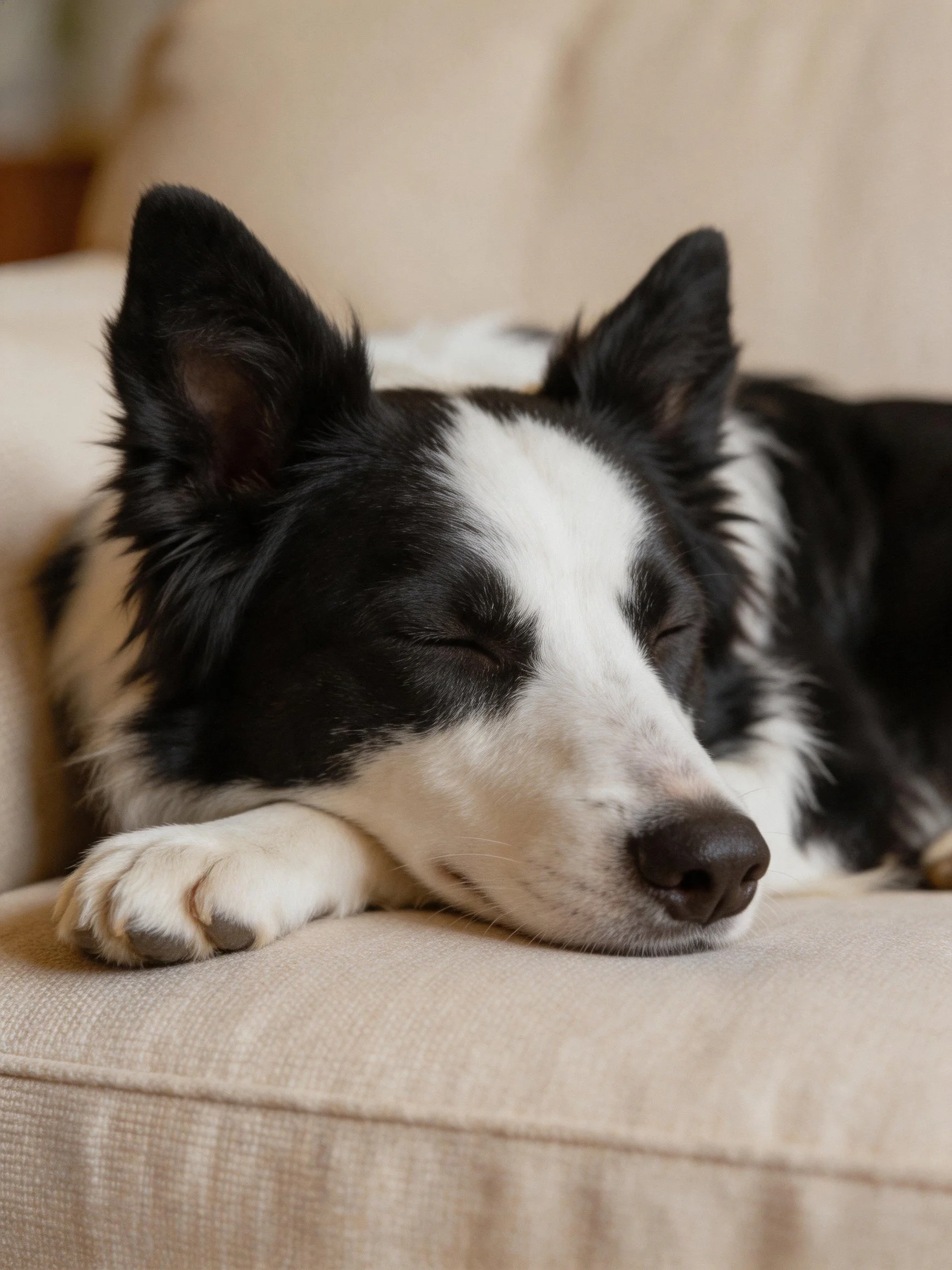 A black - and - white Border Collie sleeps peacefully on a beige sofa.