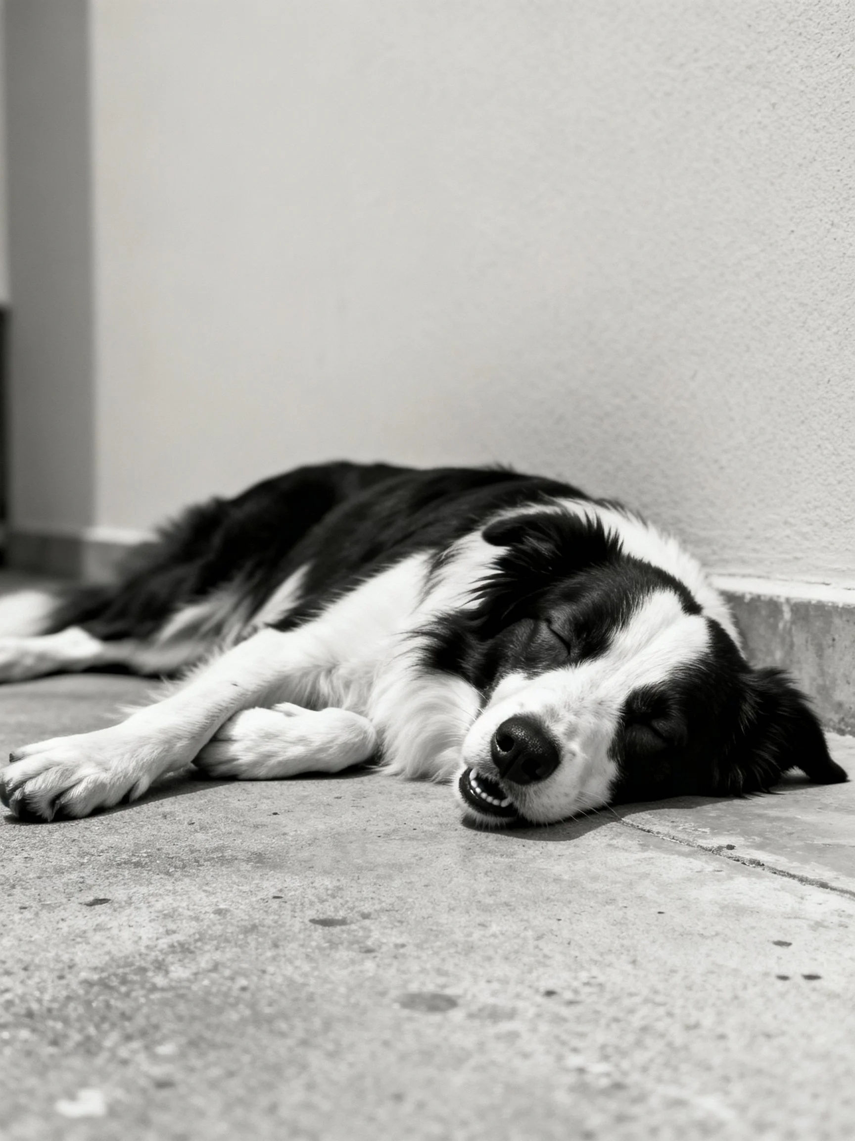 A black and white dog sleeps peacefully on a concrete floor beside a wall