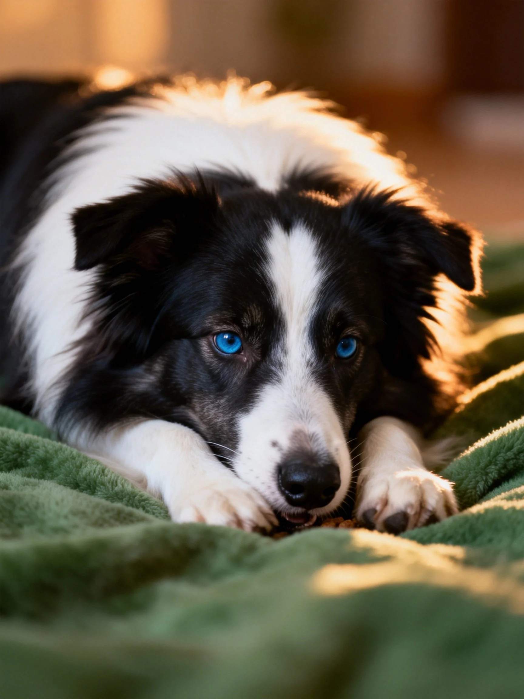 A black and white Border Collie rests on a green blanket with bright blue eyes.