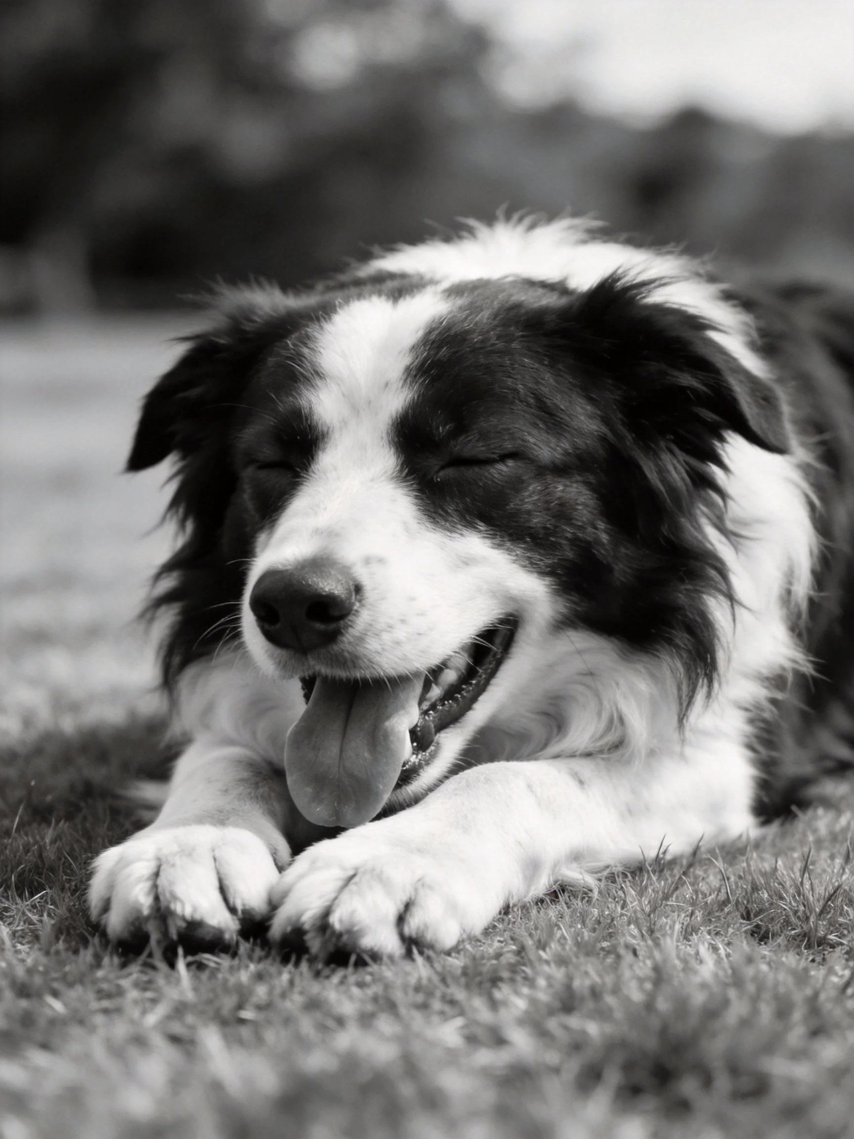 A black and white Border Collie rests peacefully on grass.