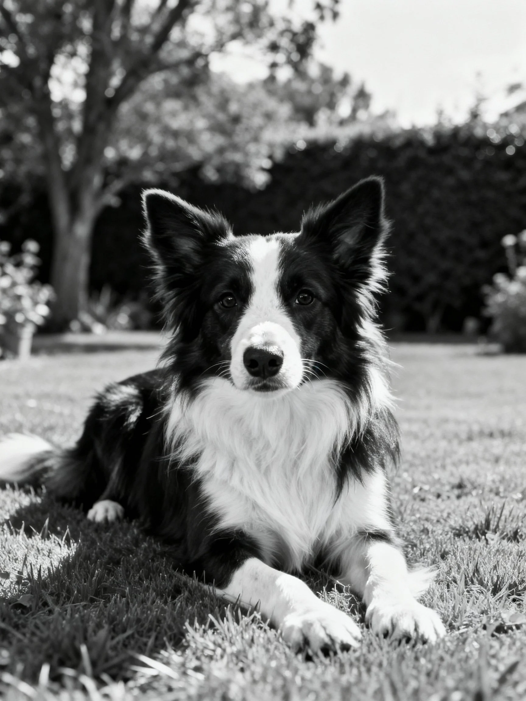 A black and white Border Collie lies calmly on grass in an outdoor garden setting.