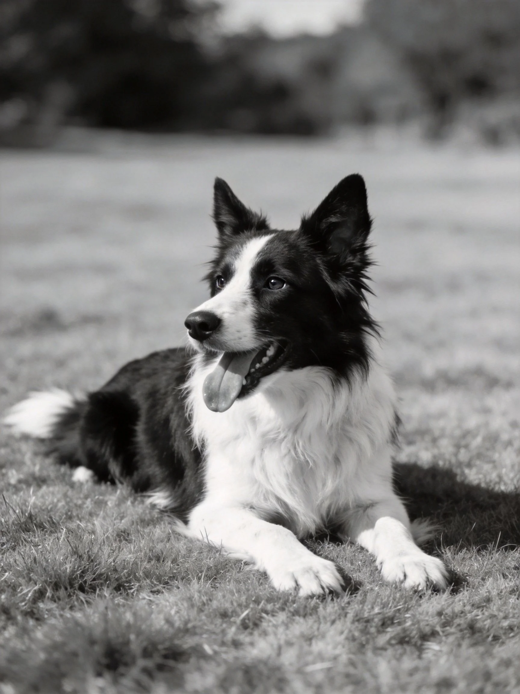 A black and white Border Collie relaxes on grass in an outdoor setting.