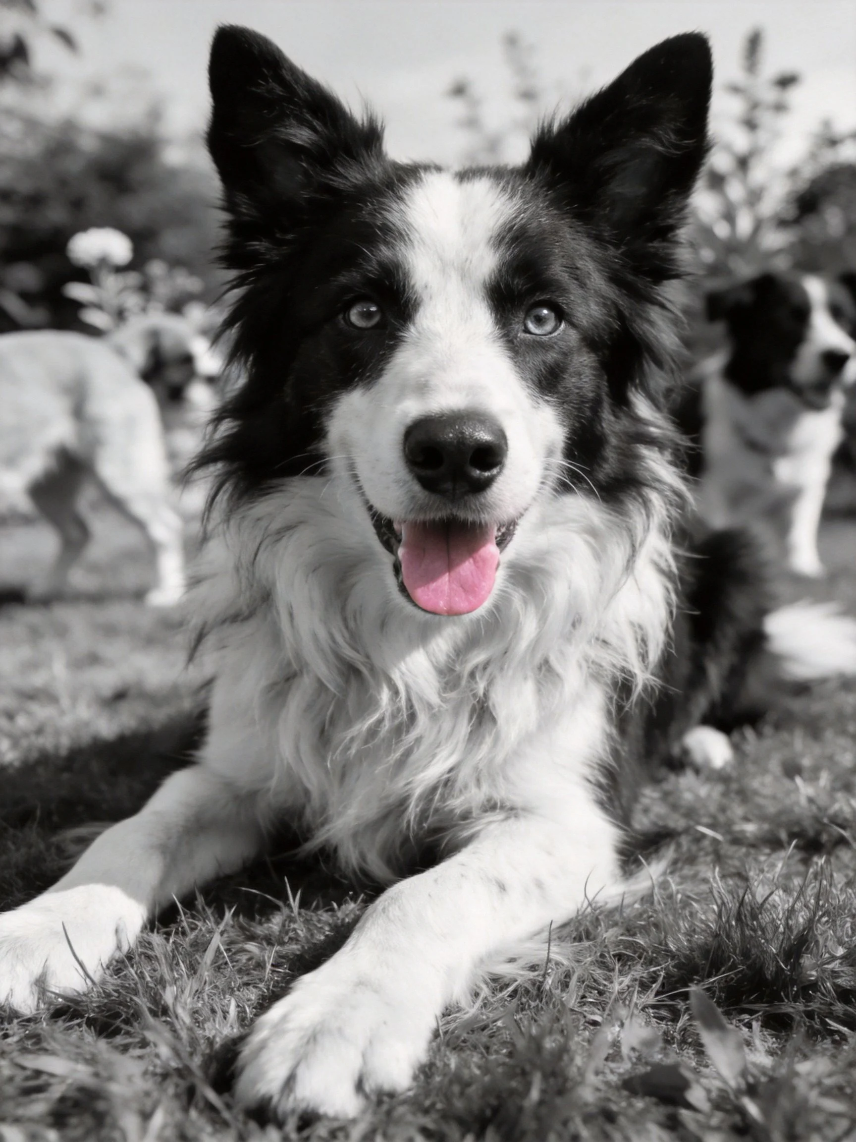 A black and white Border Collie rests on grass with other dogs behind