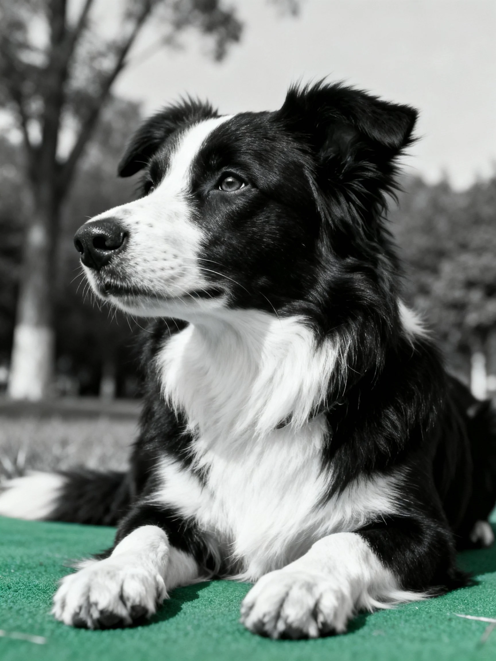 A black and white Border Collie rests calmly on green turf in an outdoor setting.