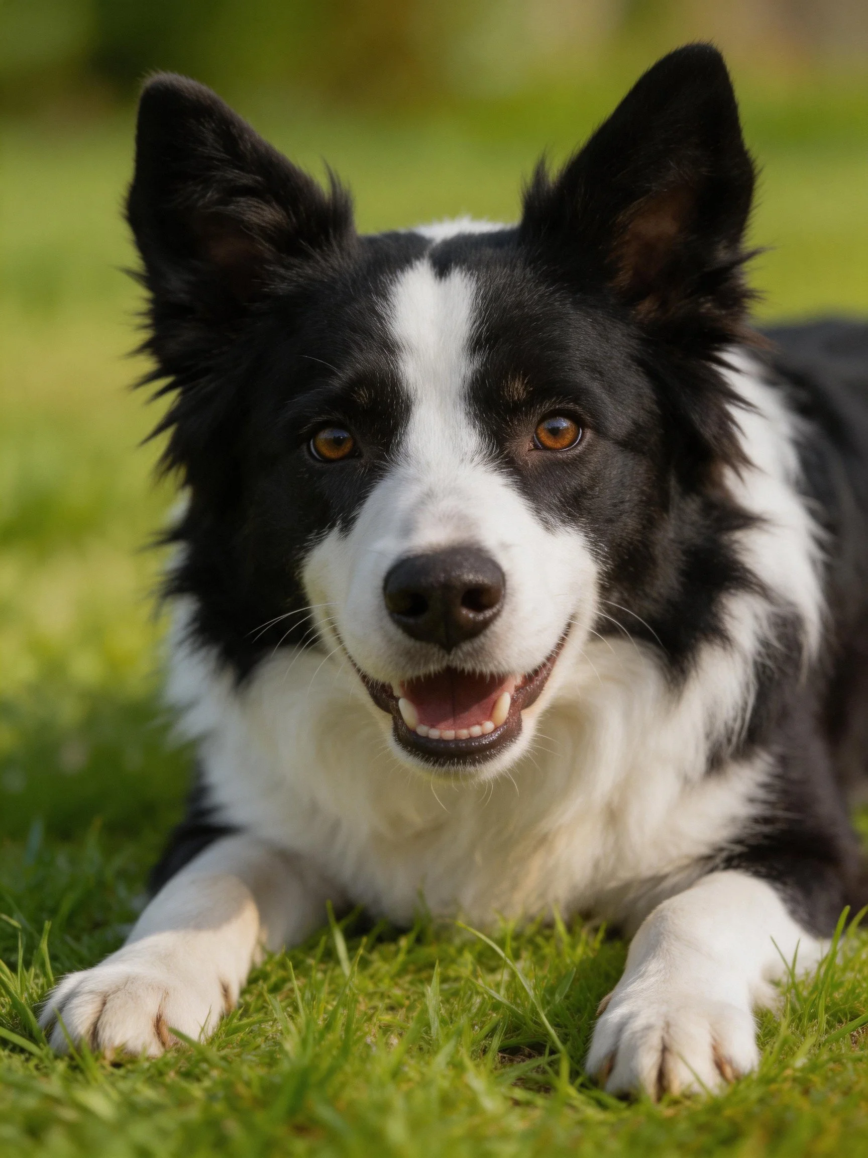 A black and white Border Collie lies contentedly on green grass.