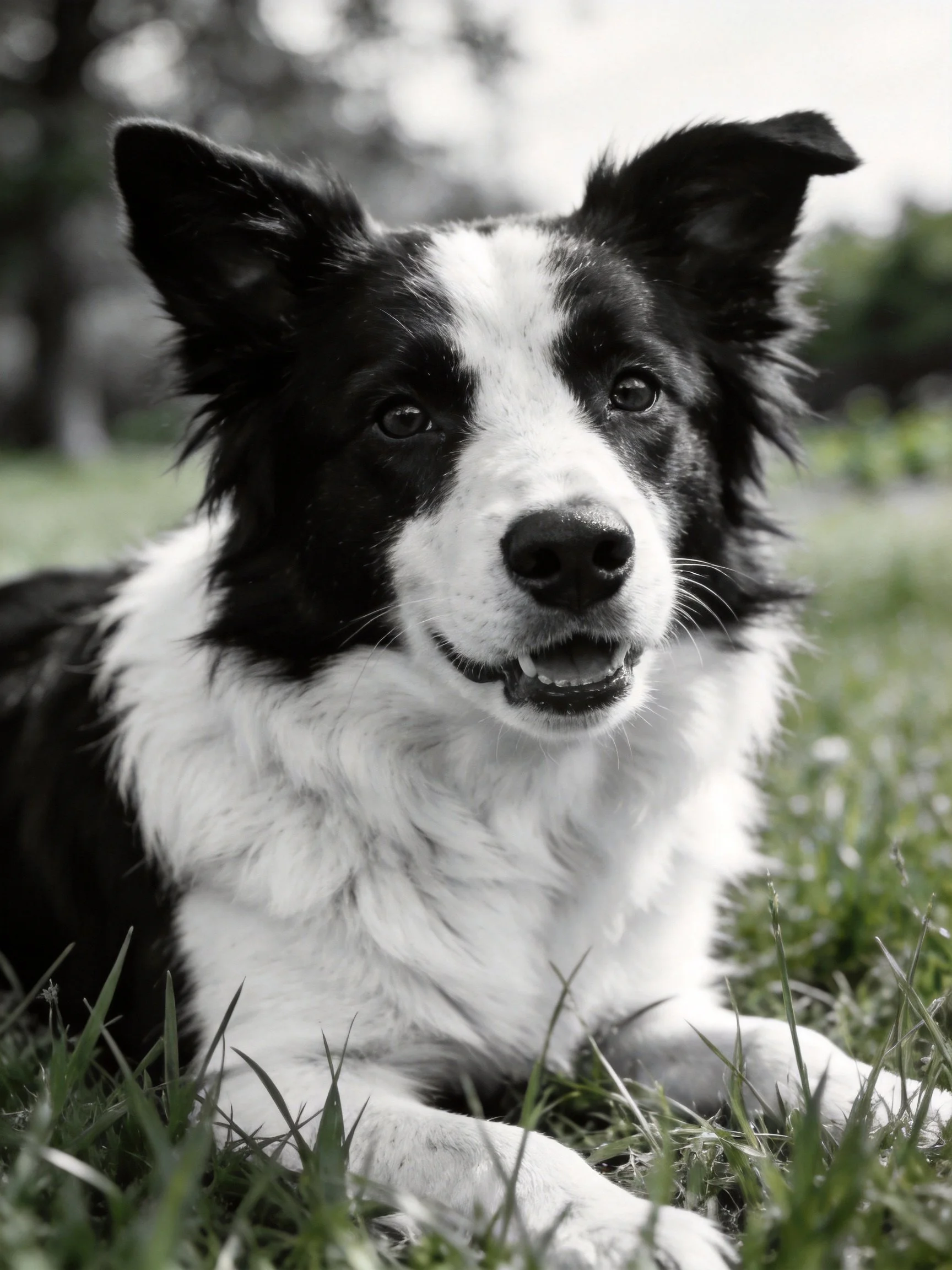 A black and white Border Collie relaxes on grass in an outdoor setting.