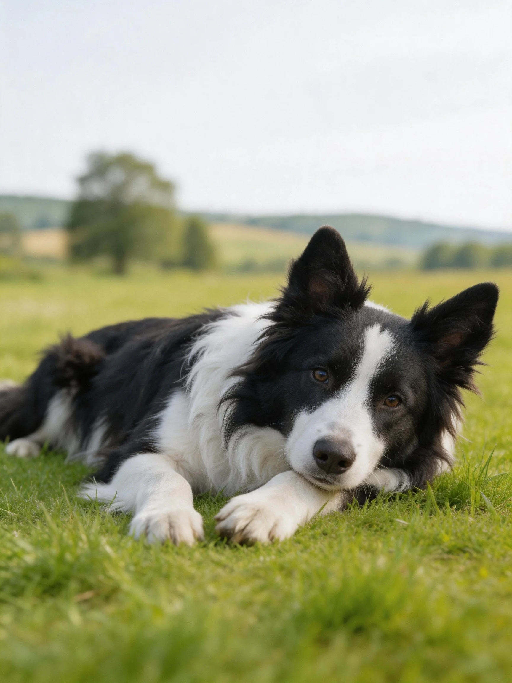 A black and white Border Collie rests calmly on green grass in an open field.