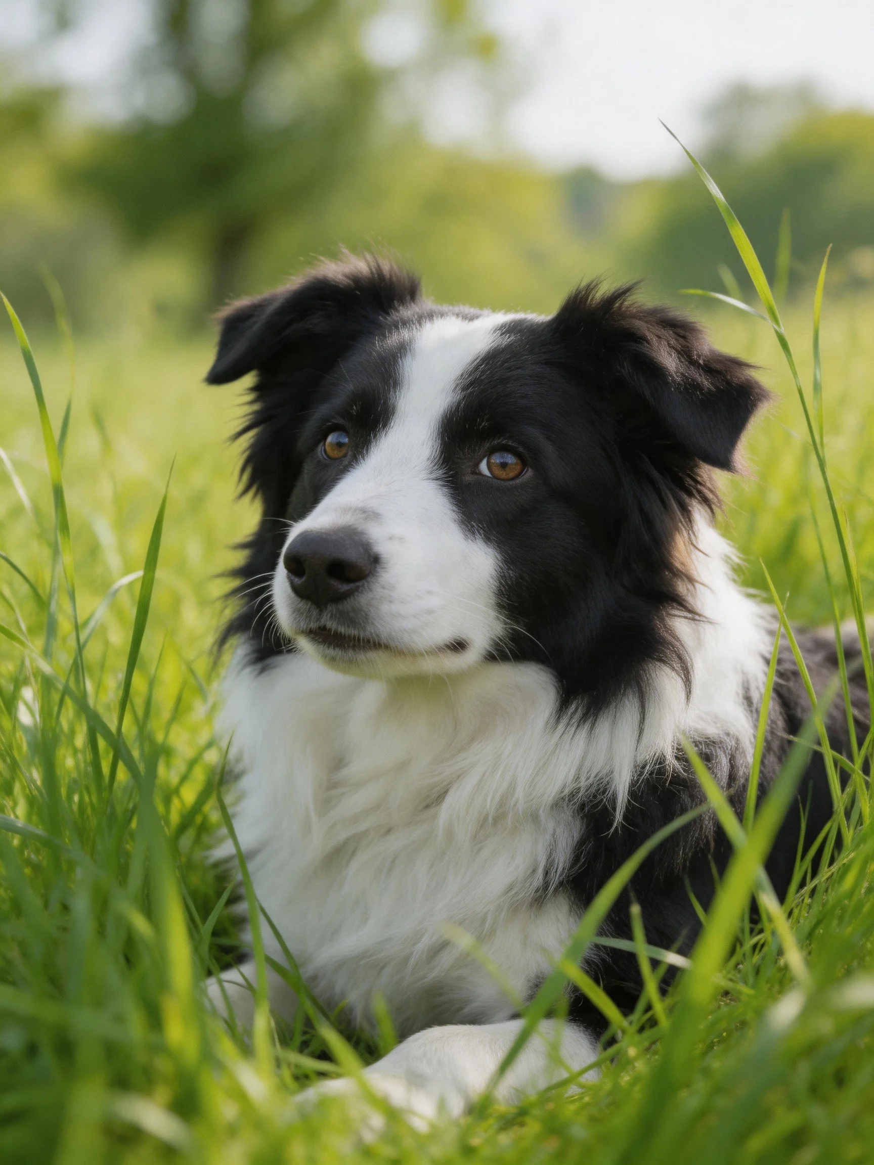 A black and white Border Collie lies calmly among tall green grass.
