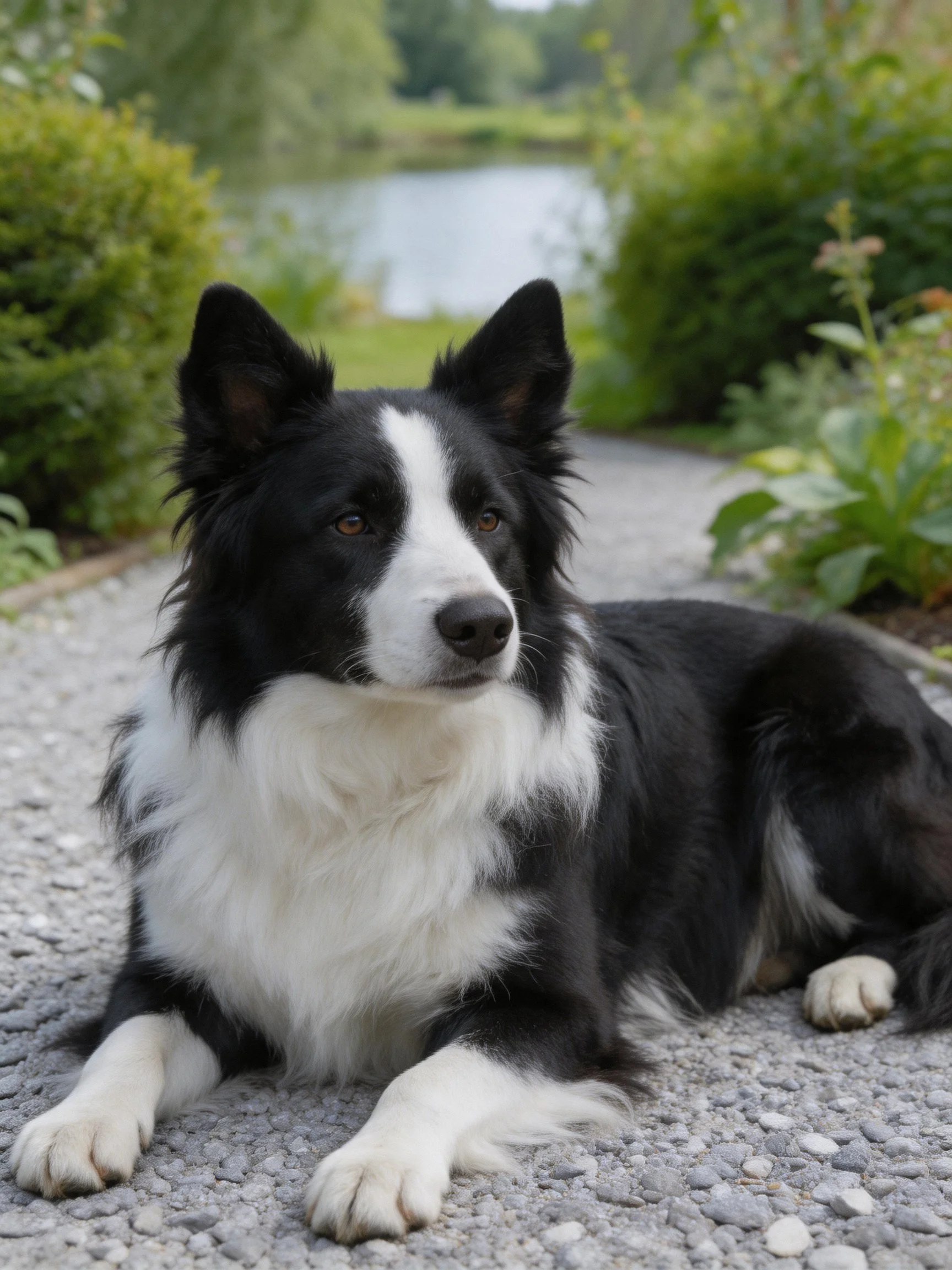 A black and white Border Collie sits calmly on a gravel path surrounded by greenery.