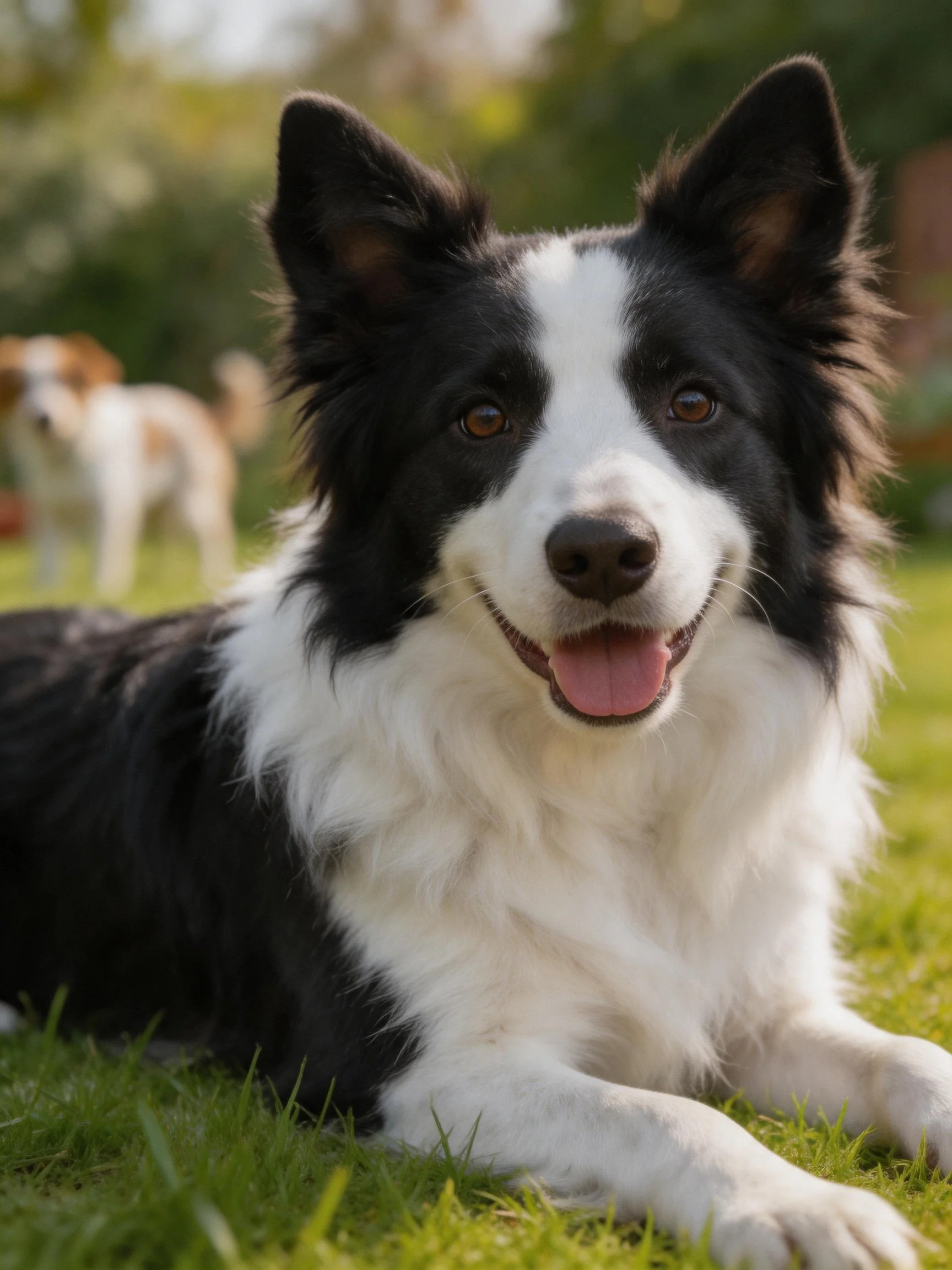 A black and white Border Collie relaxes on grass near a smaller dog
