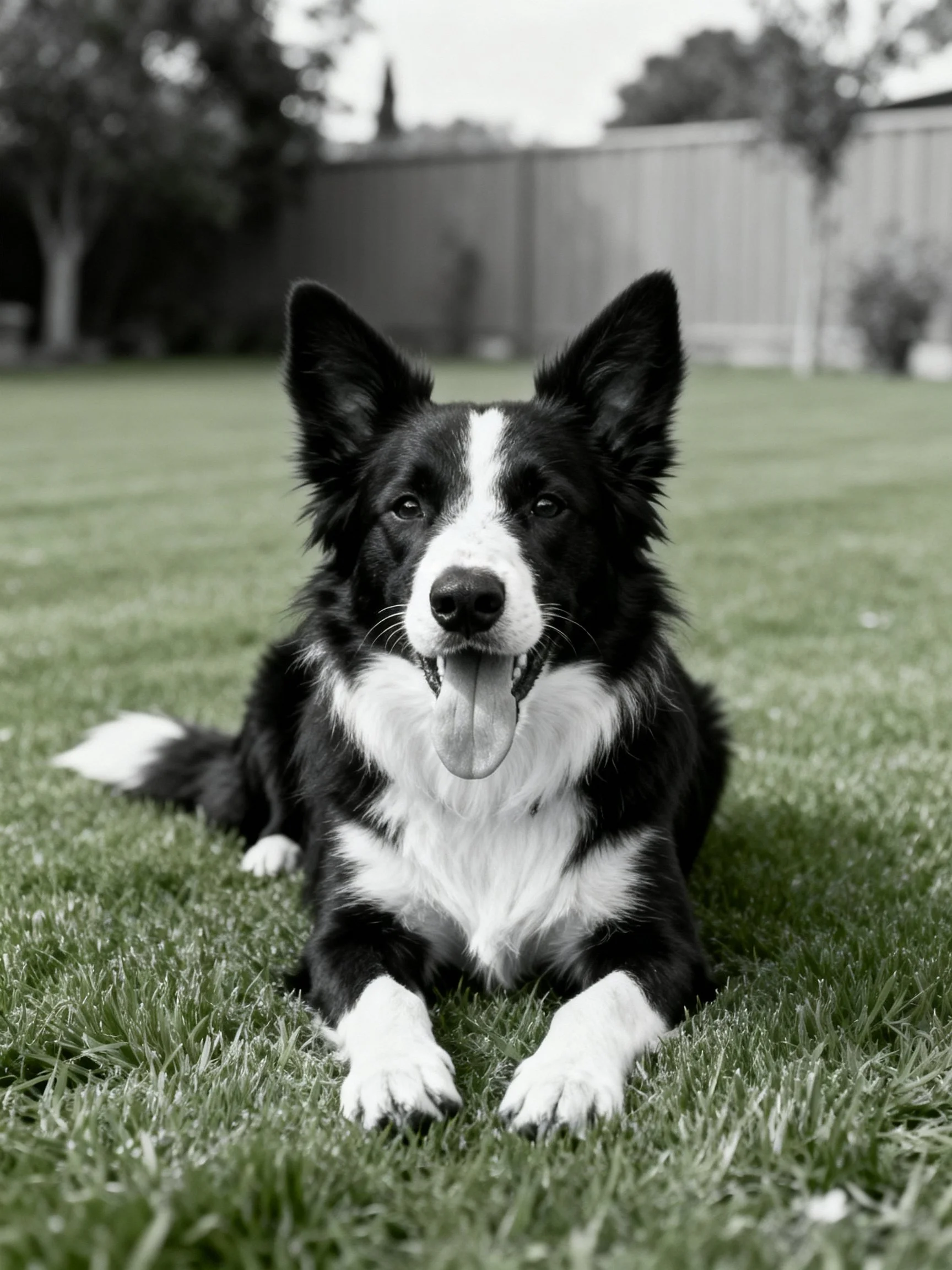 A black and white Border Collie relaxes on grass in an outdoor area.