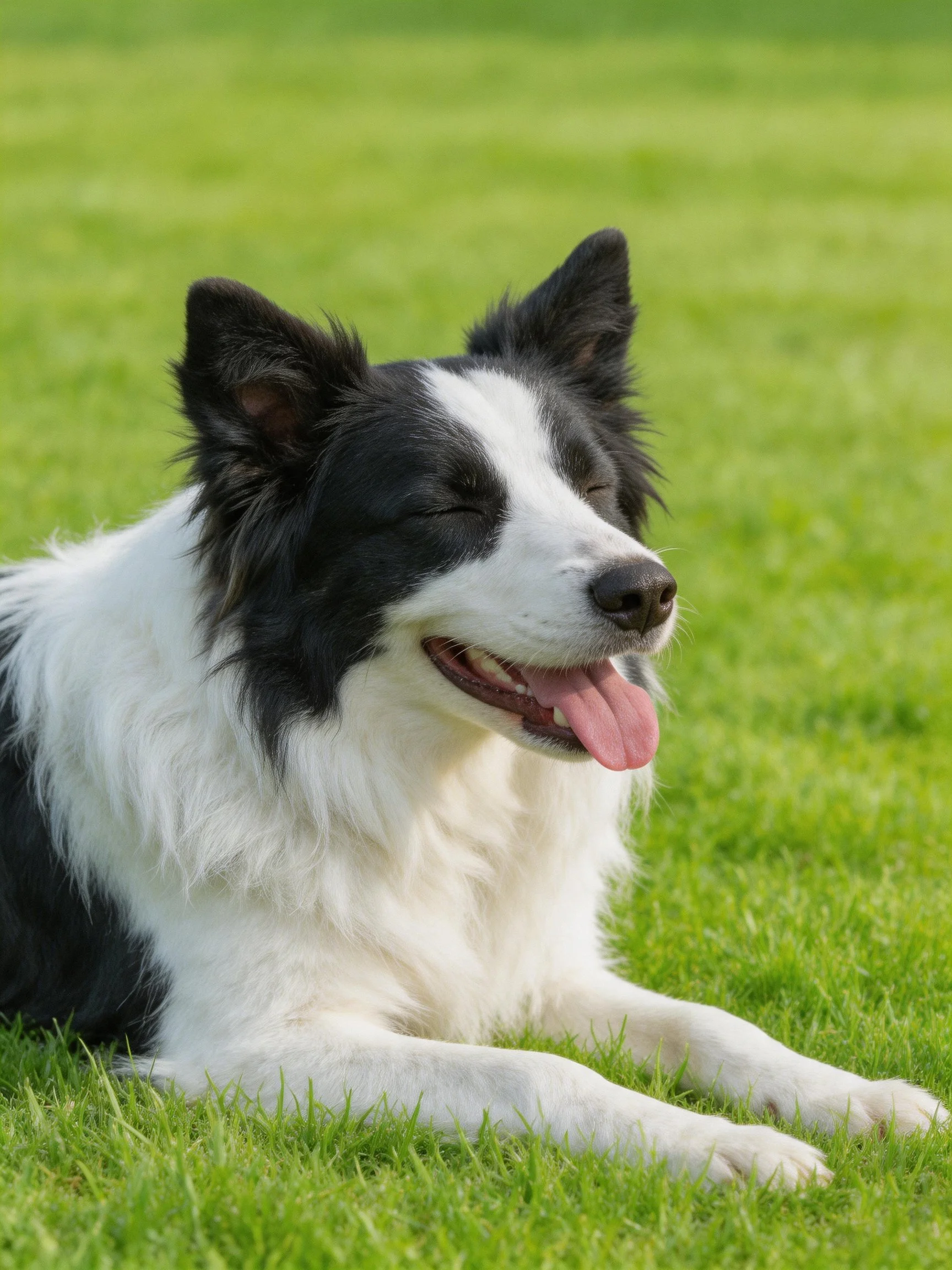 A black and white Border Collie relaxes on green grass.