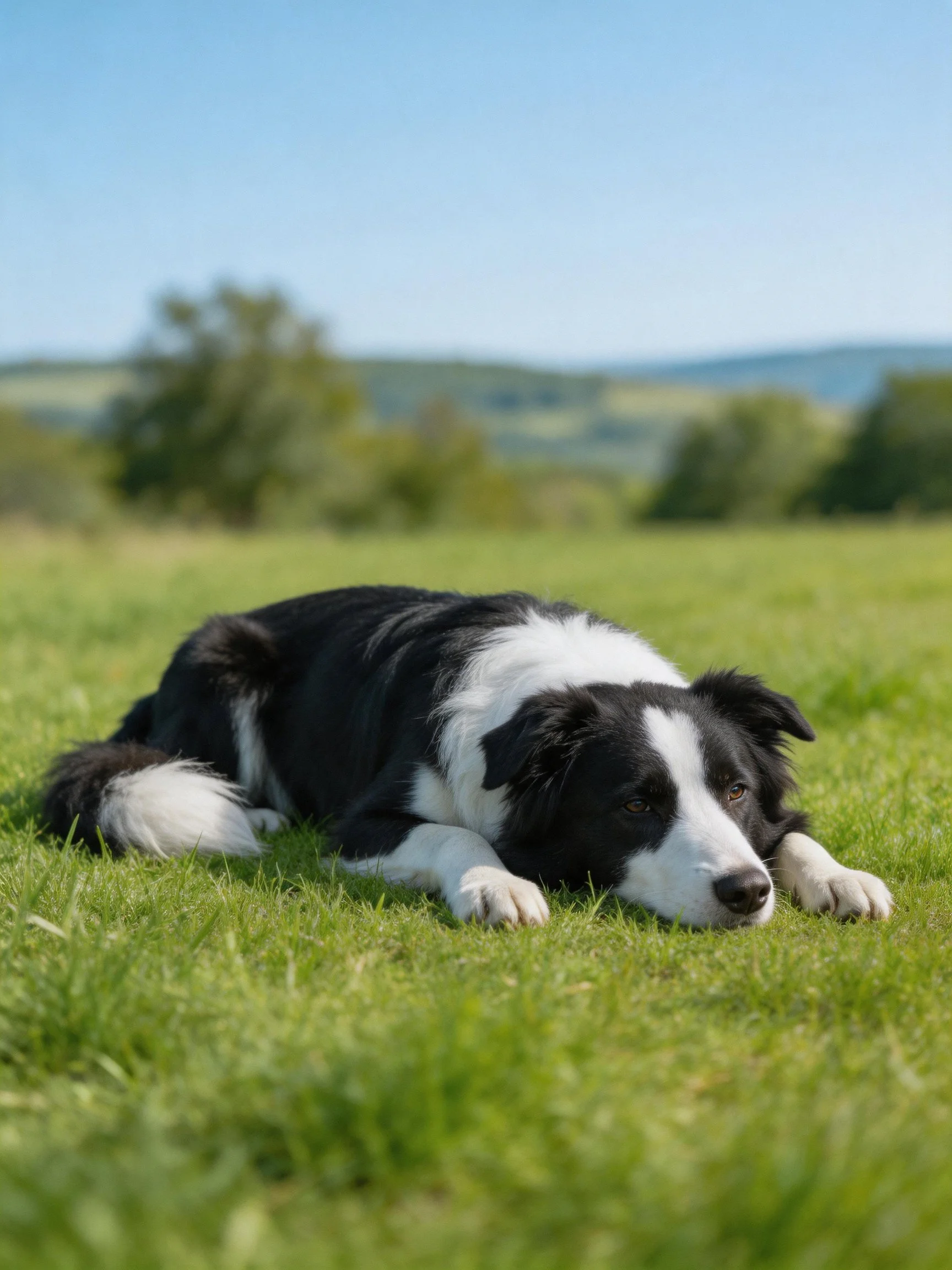 A black and white Border Collie rests on green grass in a sunny field setting.