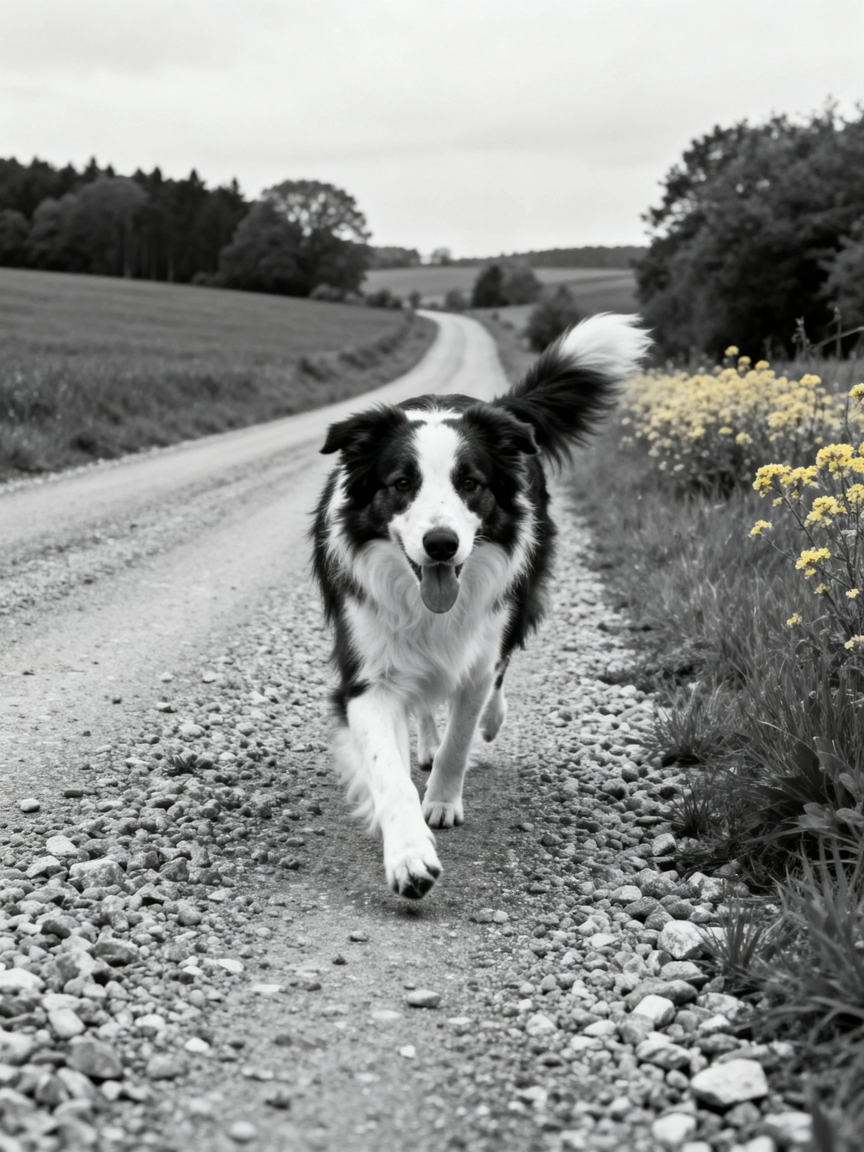 A black-and-white Border Collie runs along a gravel path in a rural countryside setting.