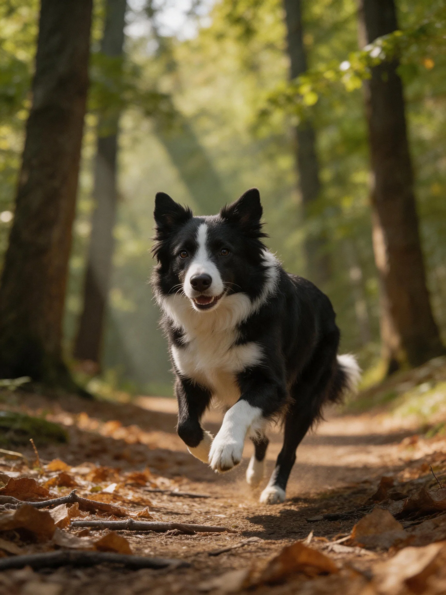 A black and white Border Collie runs energetically along a sunlit forest trail.