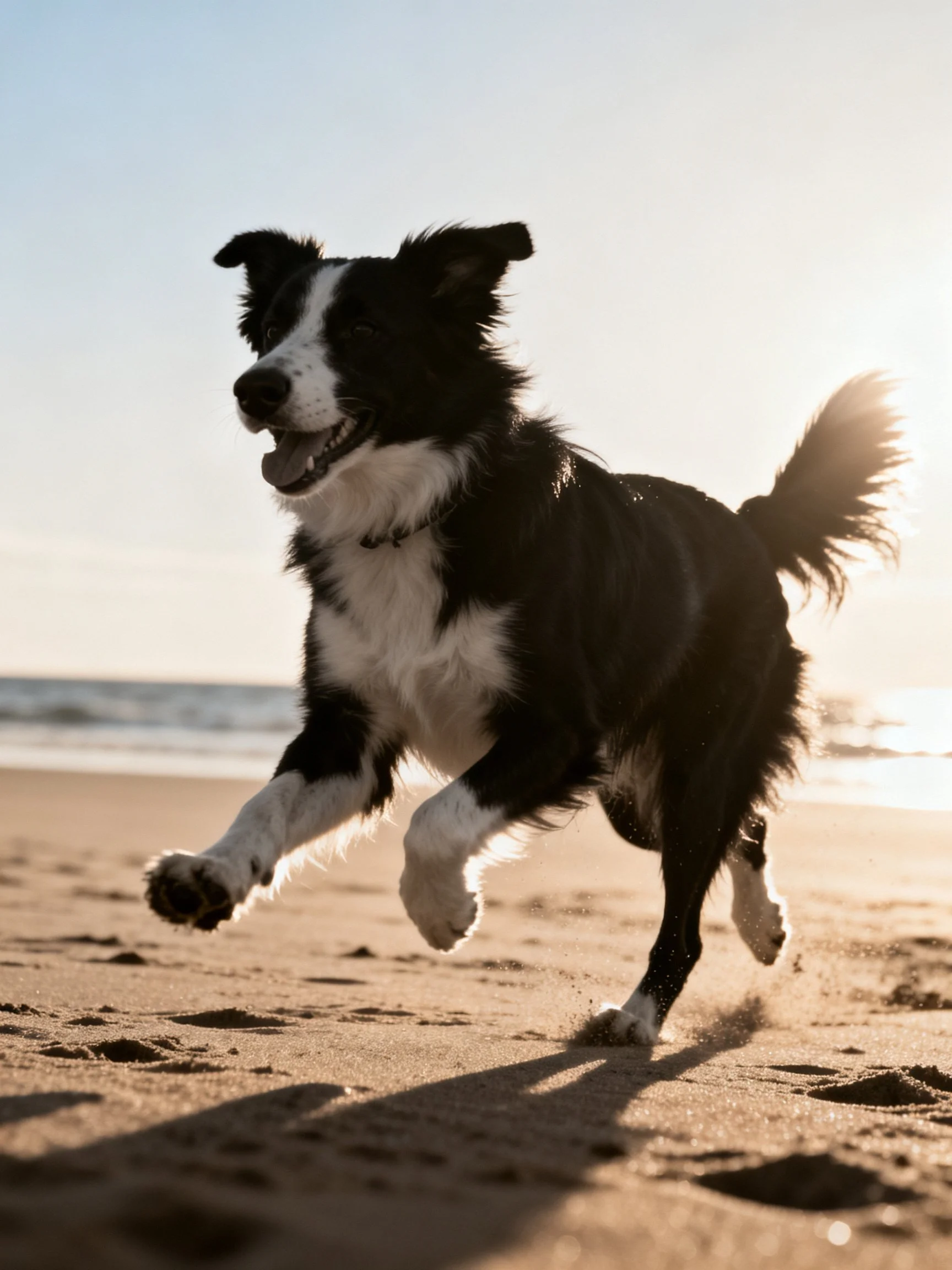 A black and white Border Collie running on a sandy beach