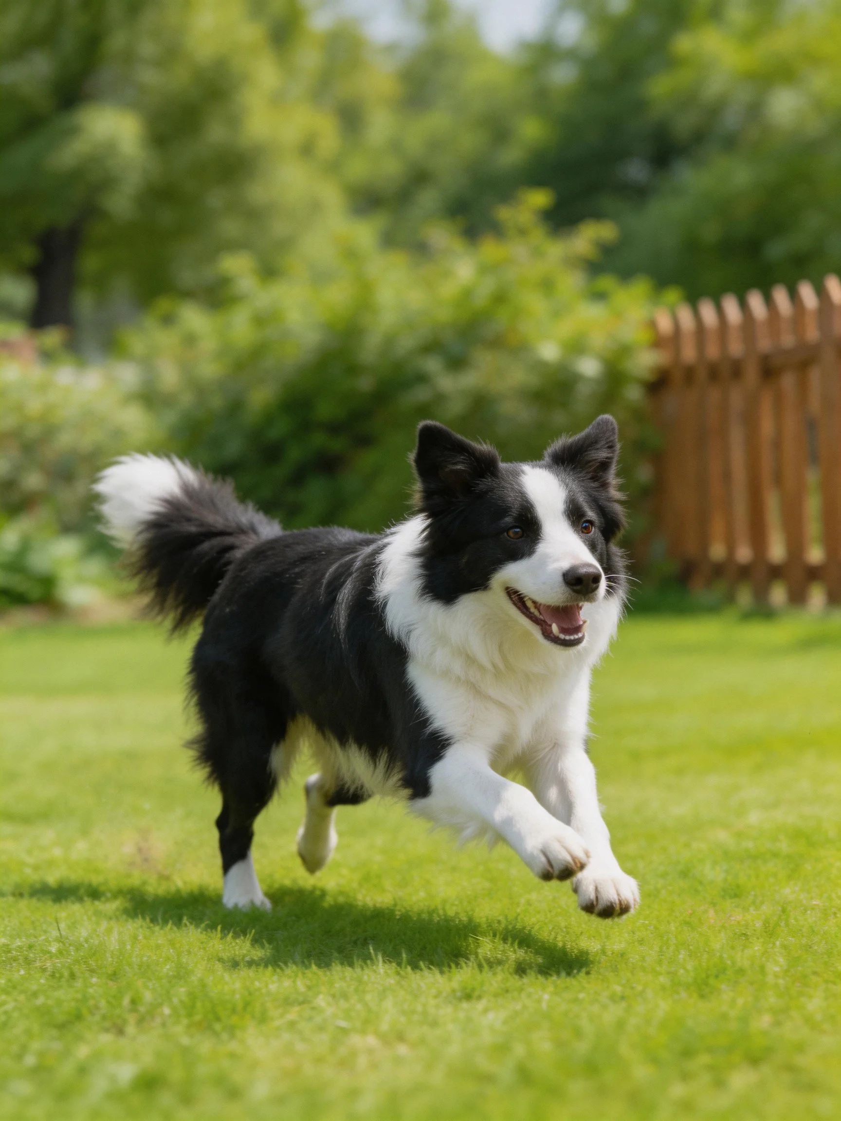 A black and white Border Collie runs energetically on a grassy area.