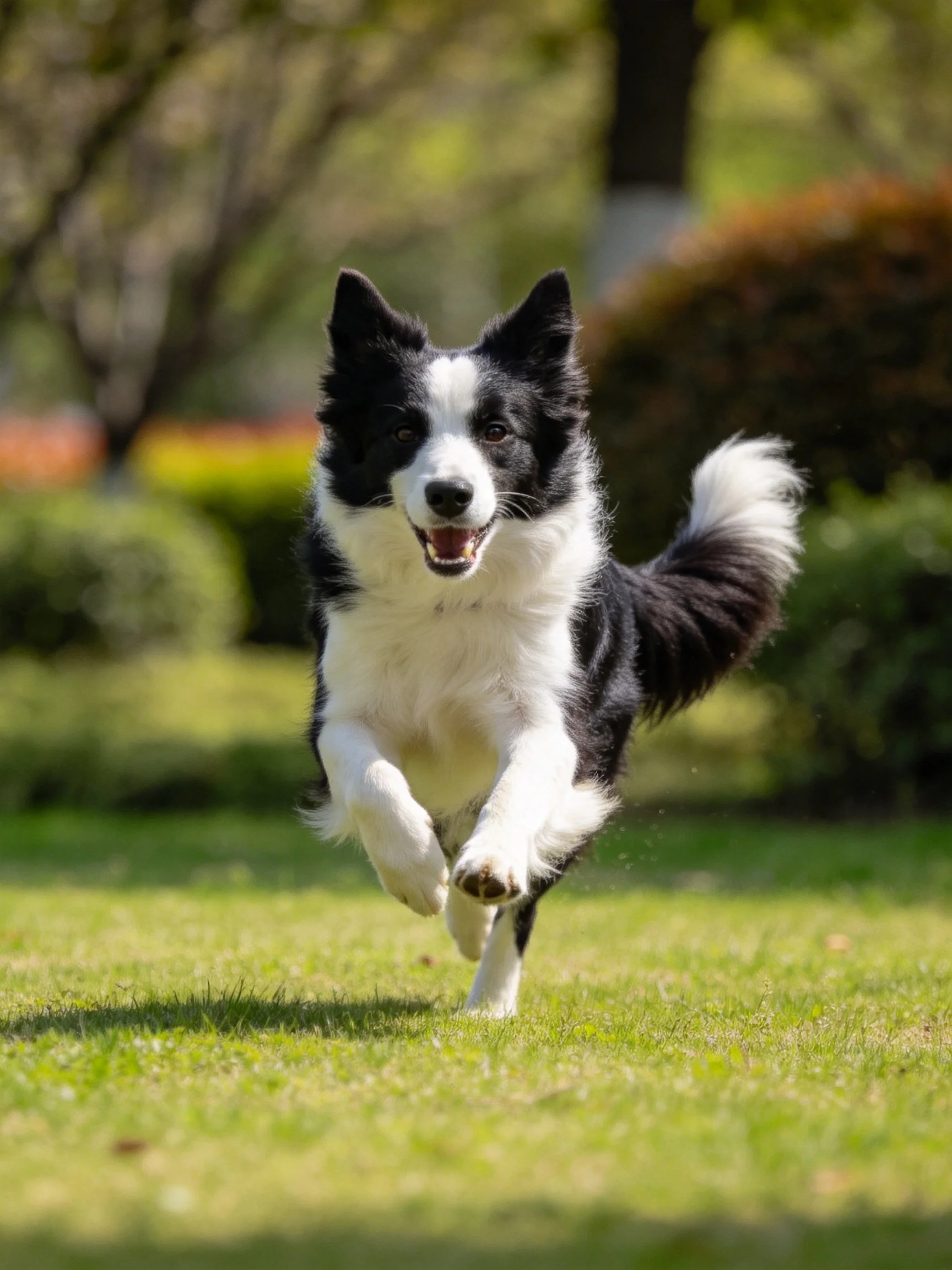 A black and white Border Collie runs energetically on grass in a sunny outdoor setting.