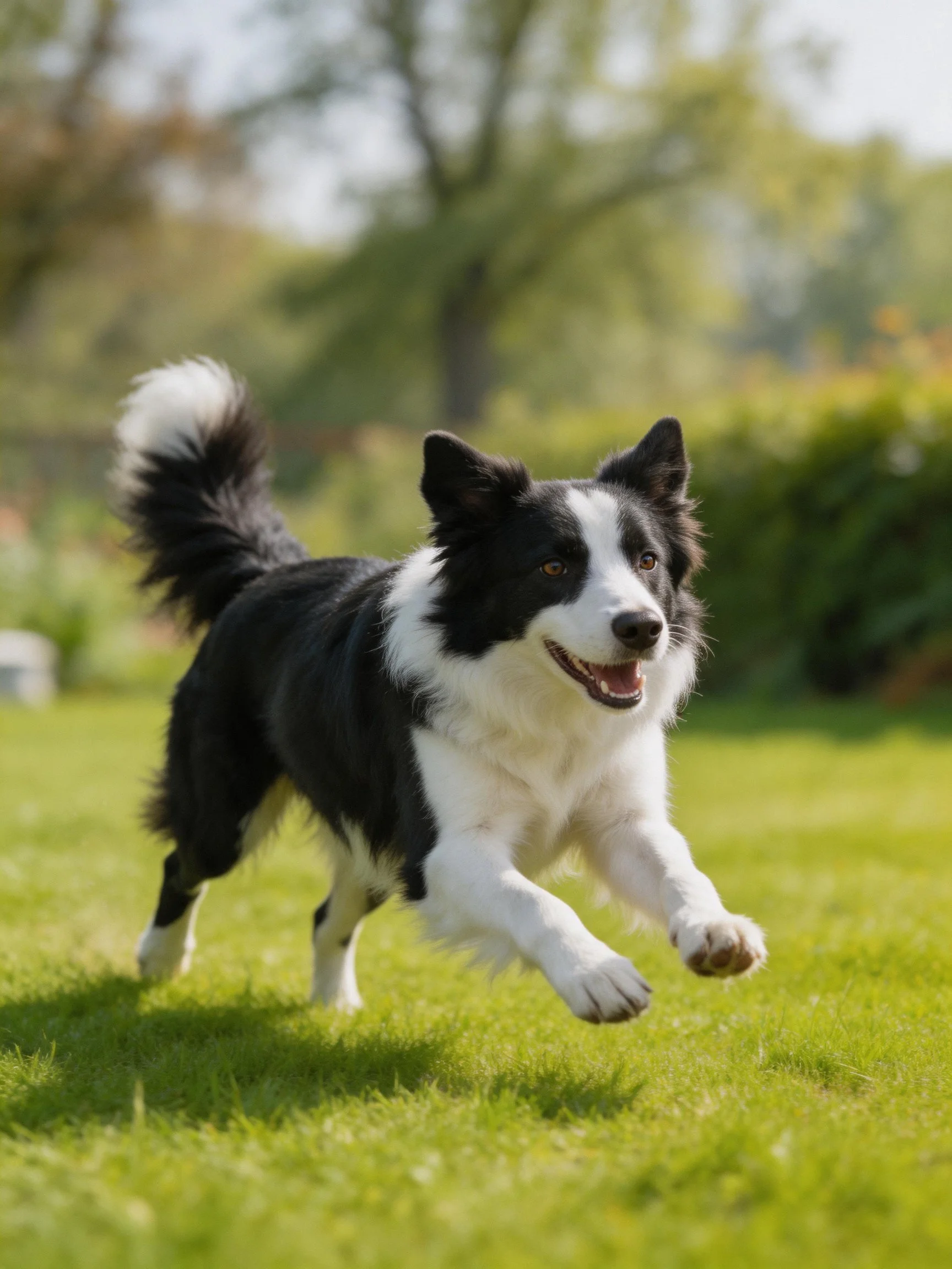 A black and white Border Collie runs joyfully on vibrant green grass.