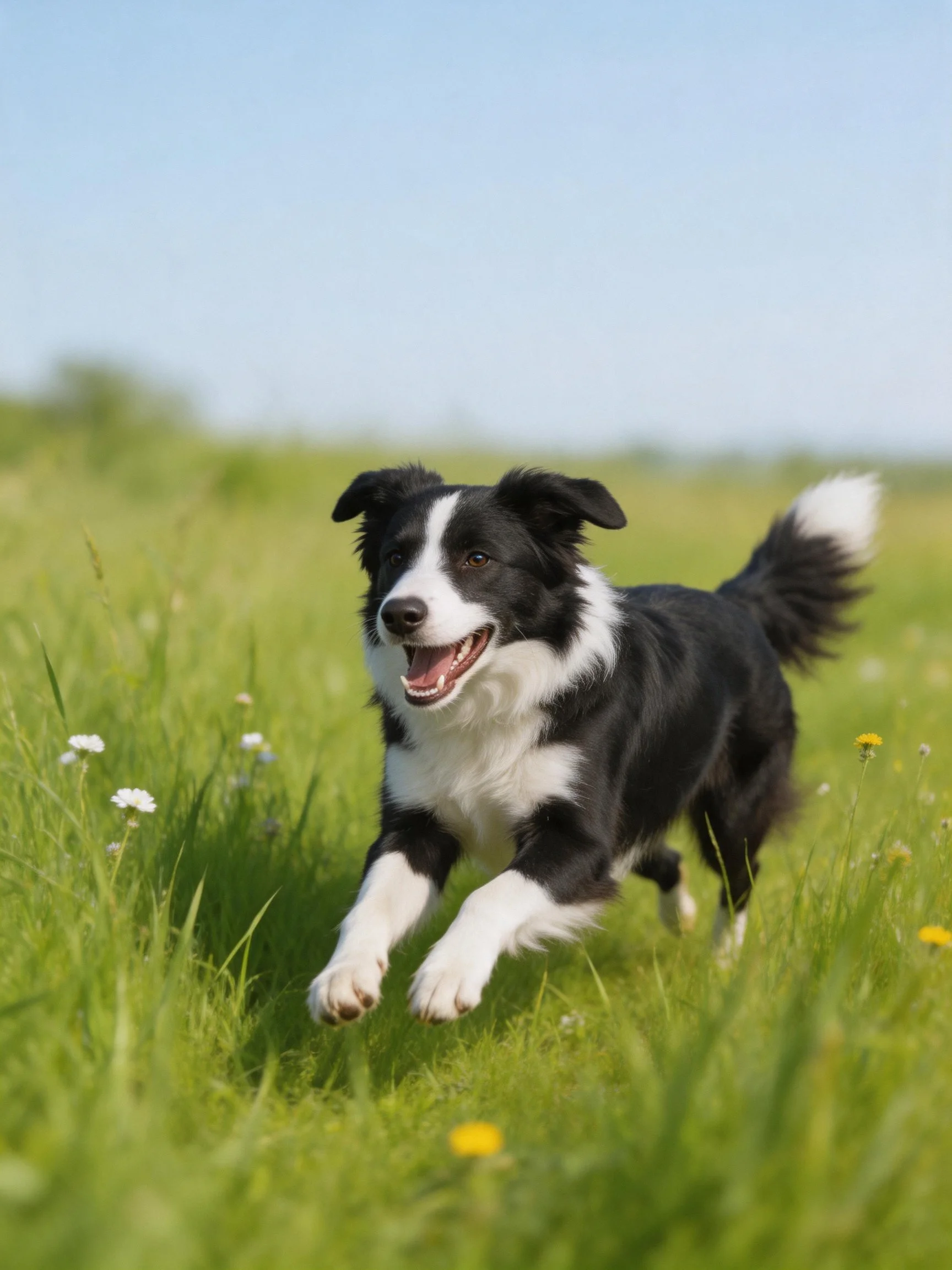 A black and white Border Collie joyfully runs through a sunlit green meadow.