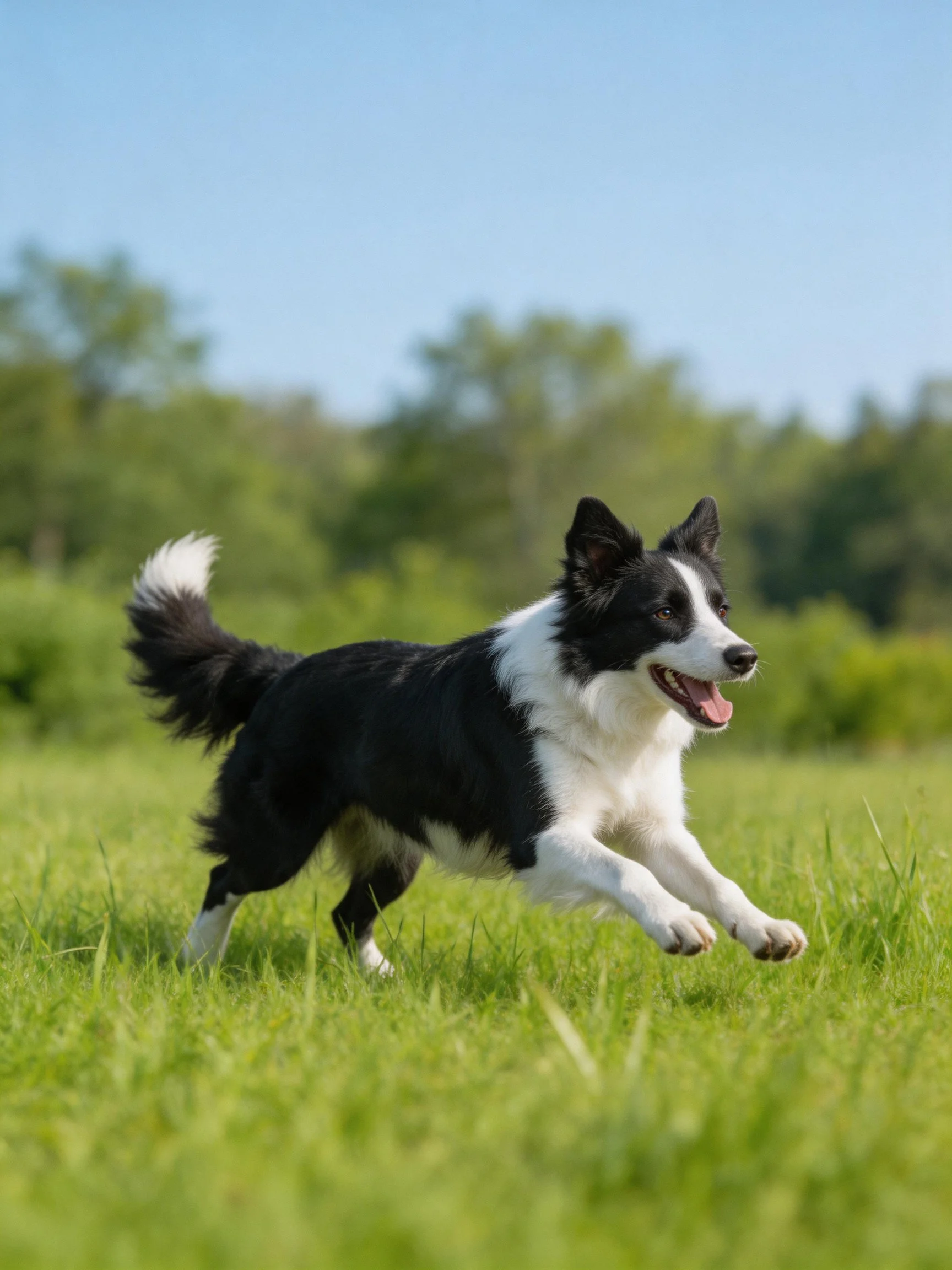 A black and white Border Collie runs joyfully through a sunny green field.