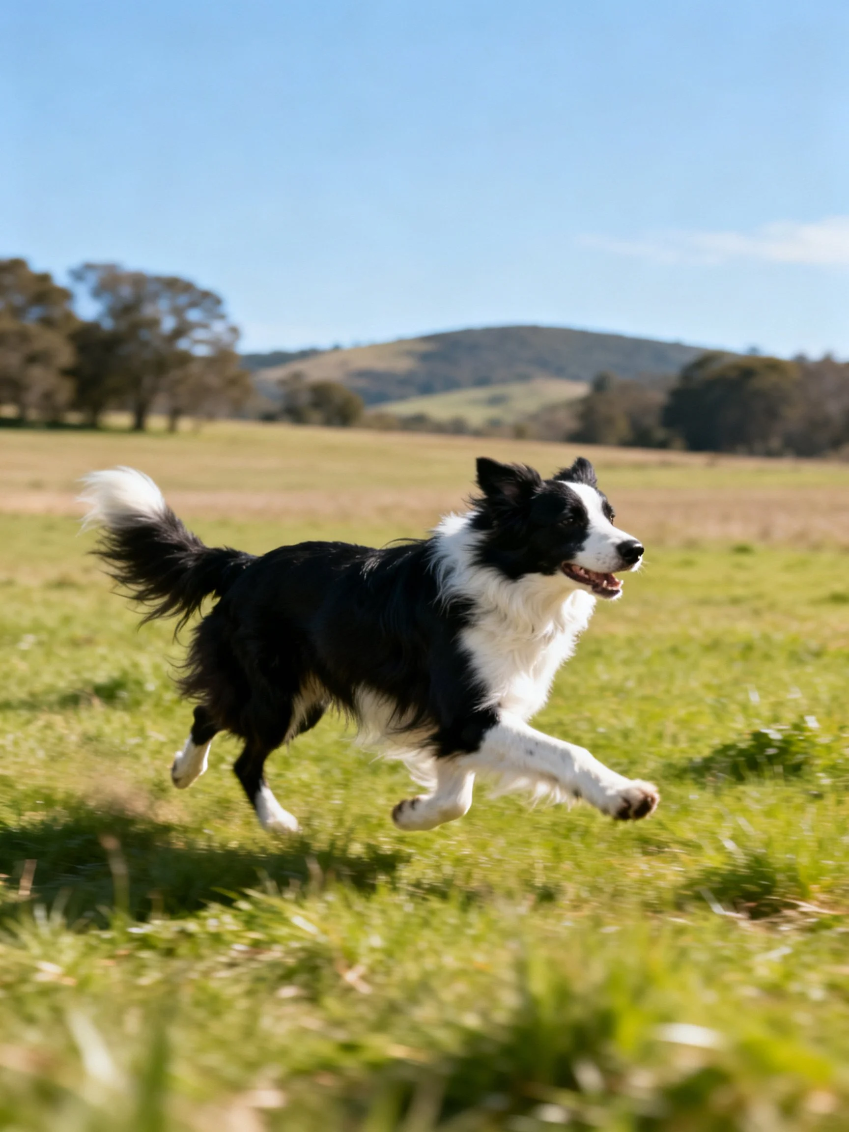 A black and white Border Collie runs joyfully across a sunlit open field.