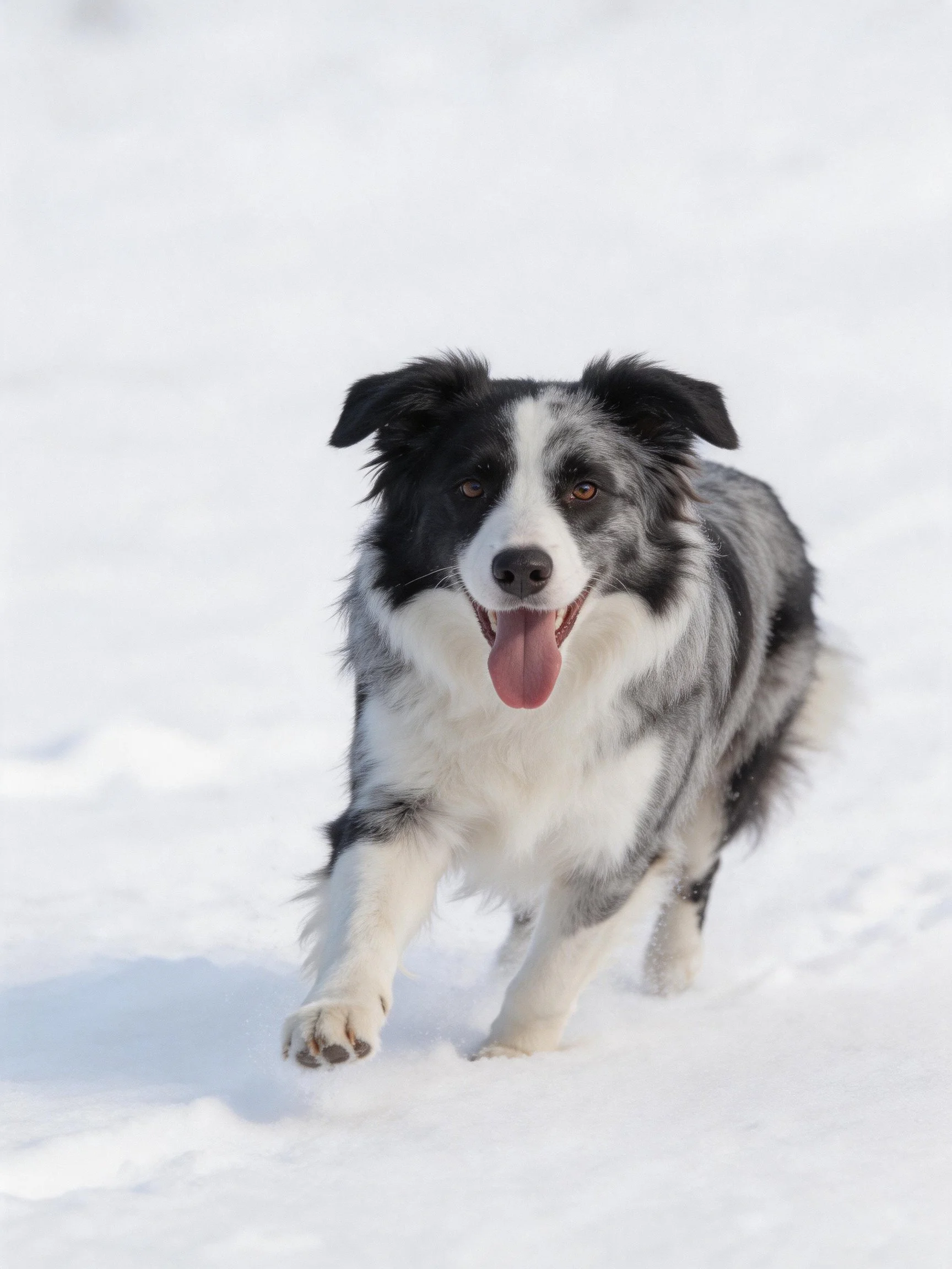 A black and white Border Collie runs joyfully through a snowy landscape.