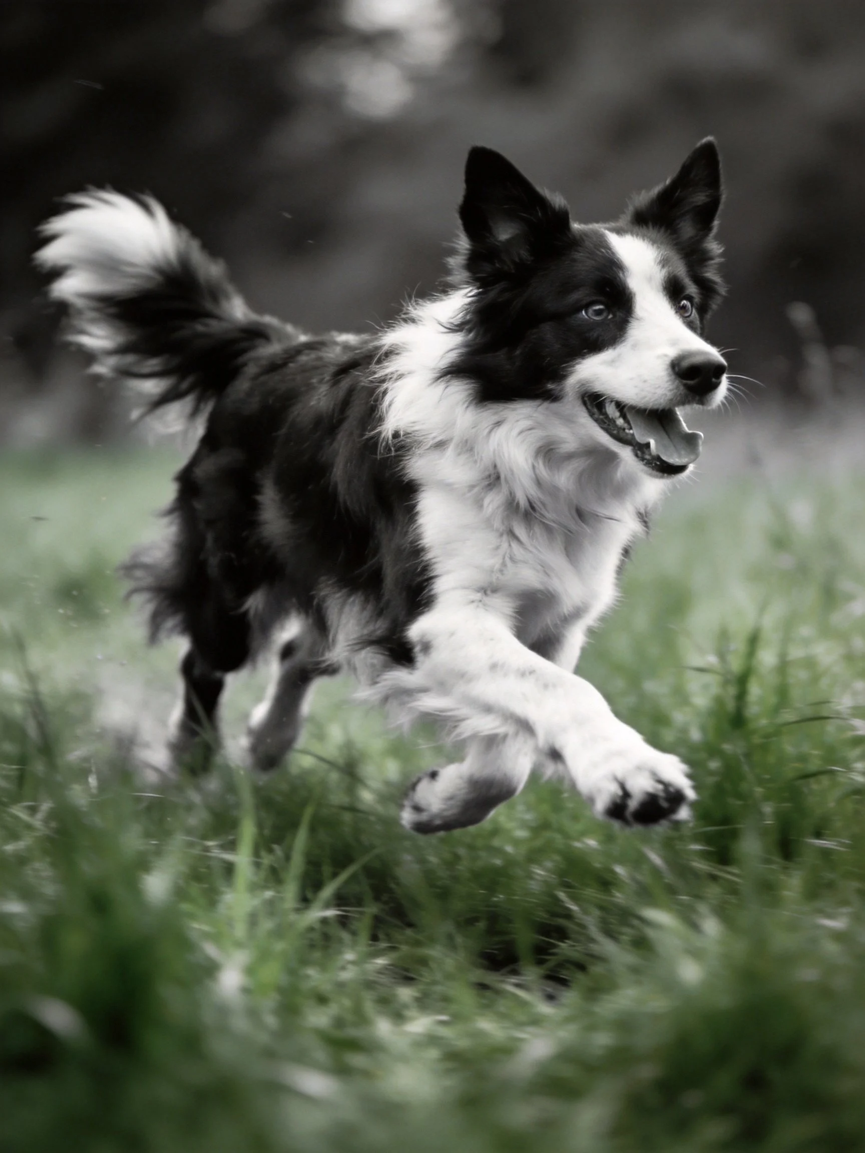 A black and white Border Collie runs energetically through tall grass.