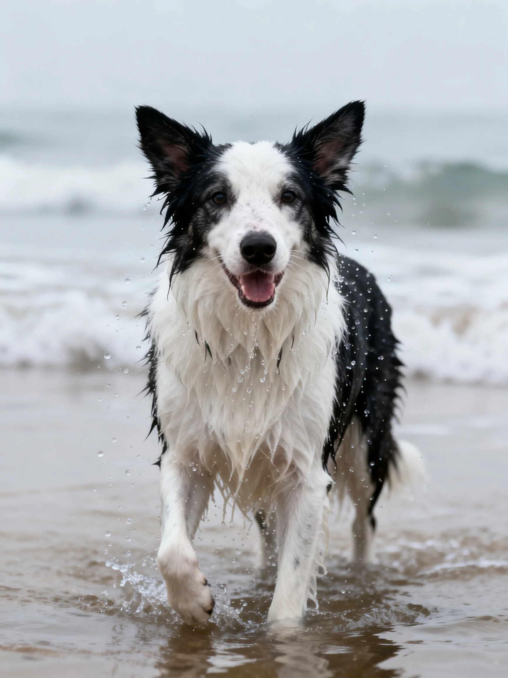 A black and white Border Collie enjoys running through shallow ocean water.