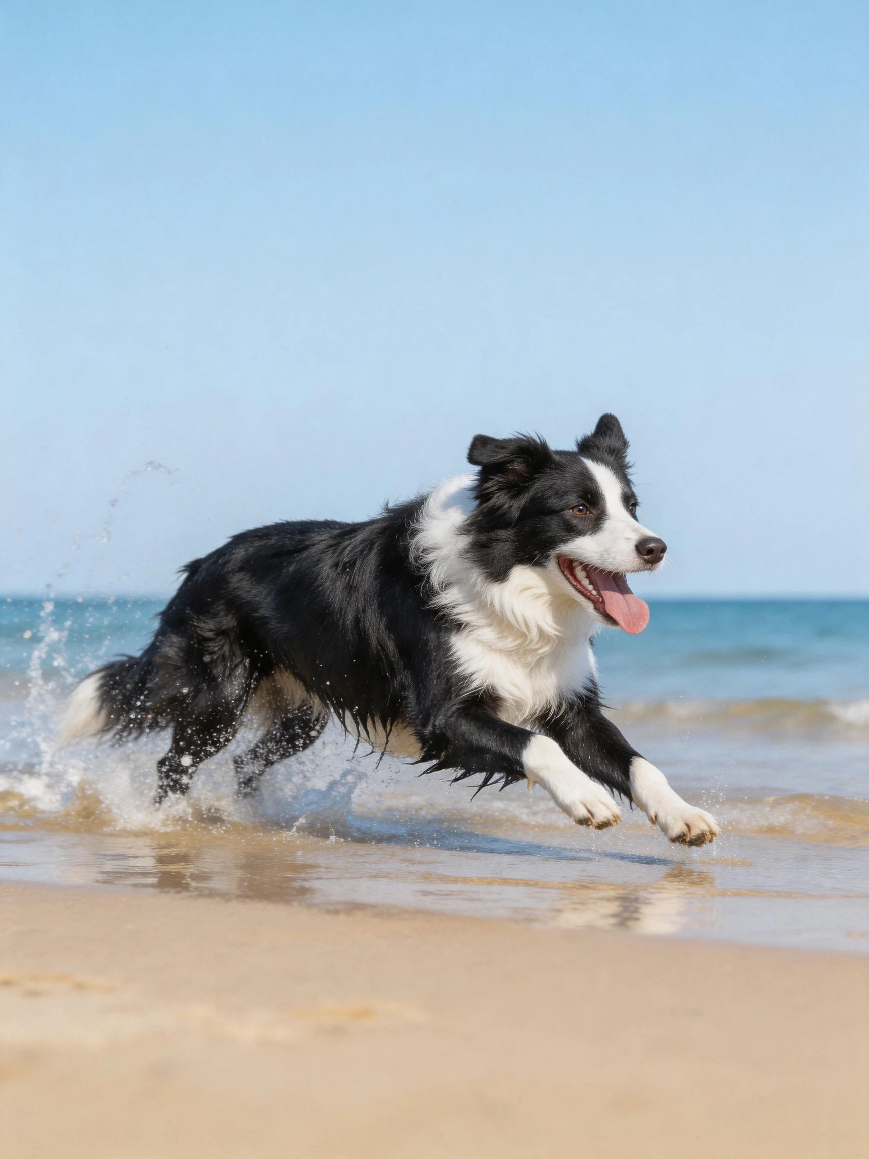 A black and white Border Collie joyously runs through ocean waves at a sunny beach.
