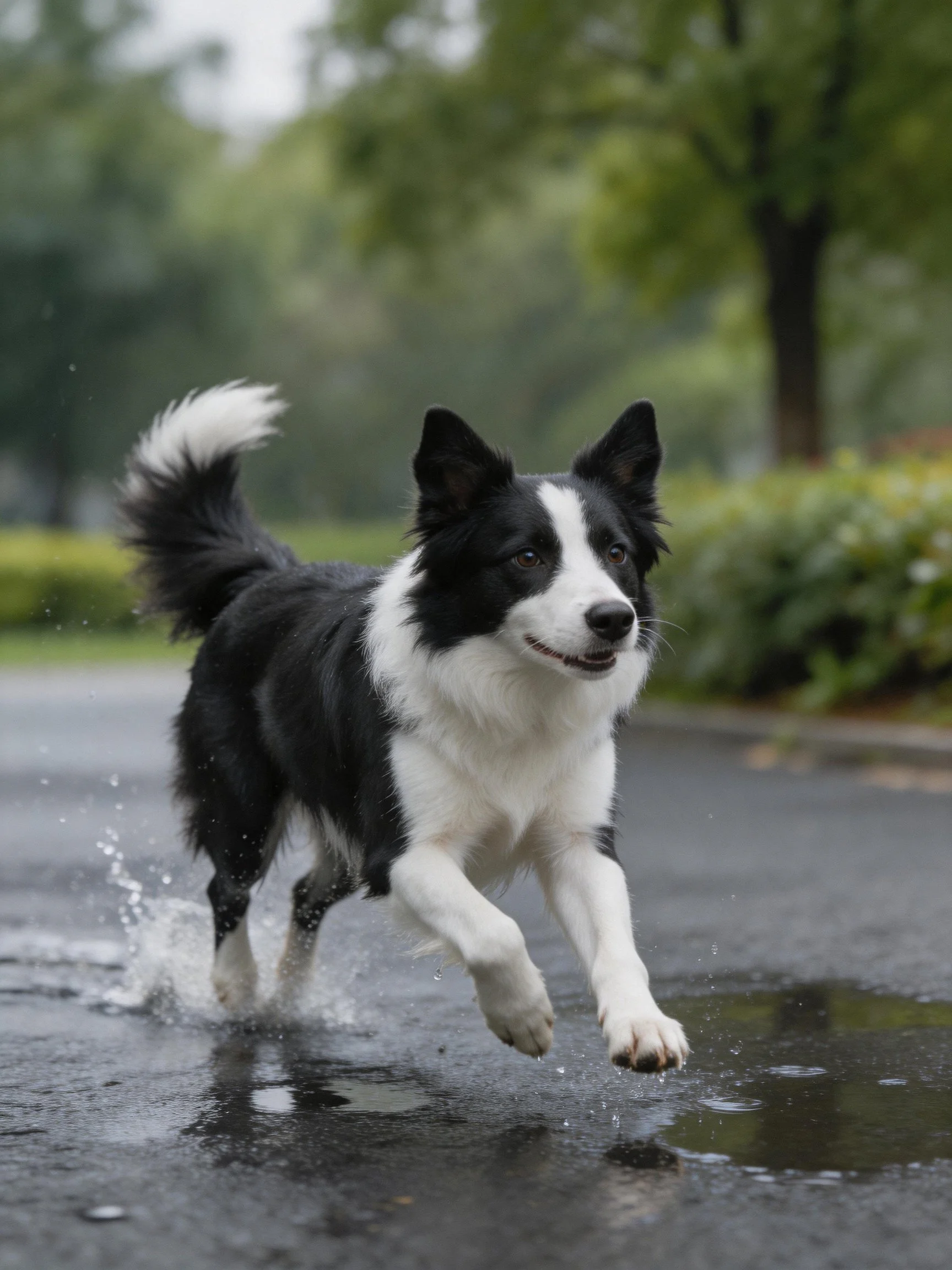 A black and white Border Collie joyfully runs through puddles on a wet pavement.