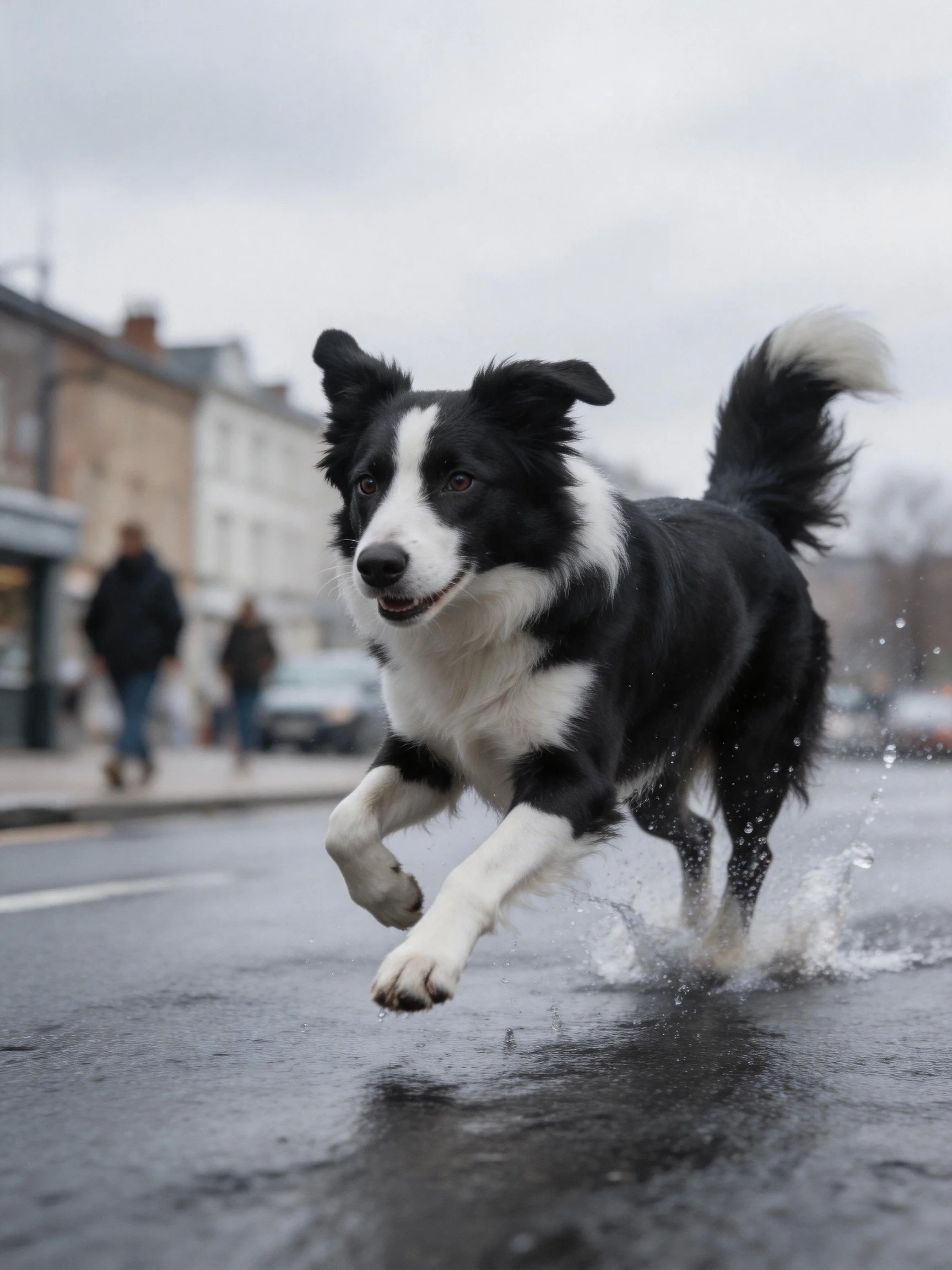 A black and white Border Collie joyfully runs through puddles on a wet street.