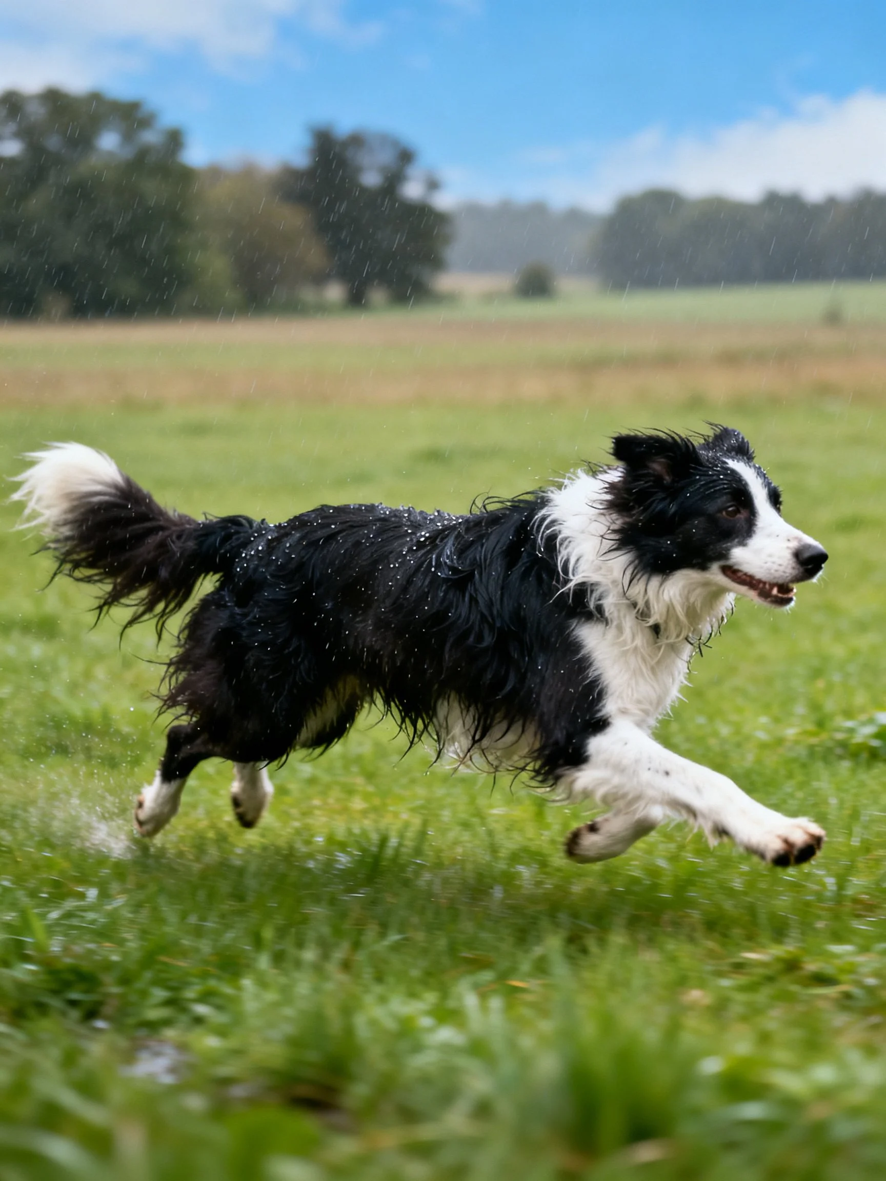 A black and white Border Collie runs energetically in a rainy field.