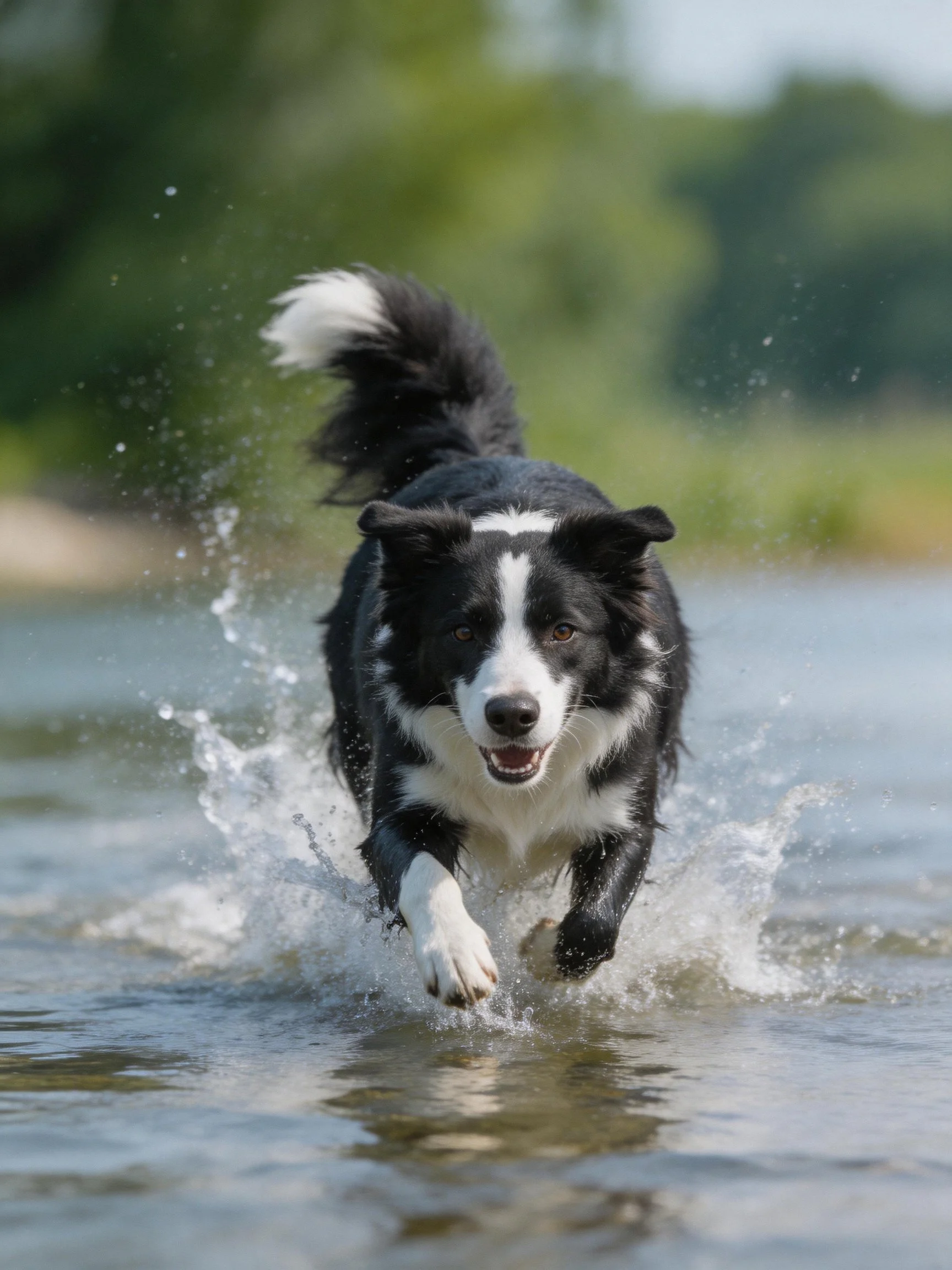 A black and white Border Collie runs energetically through shallow water.