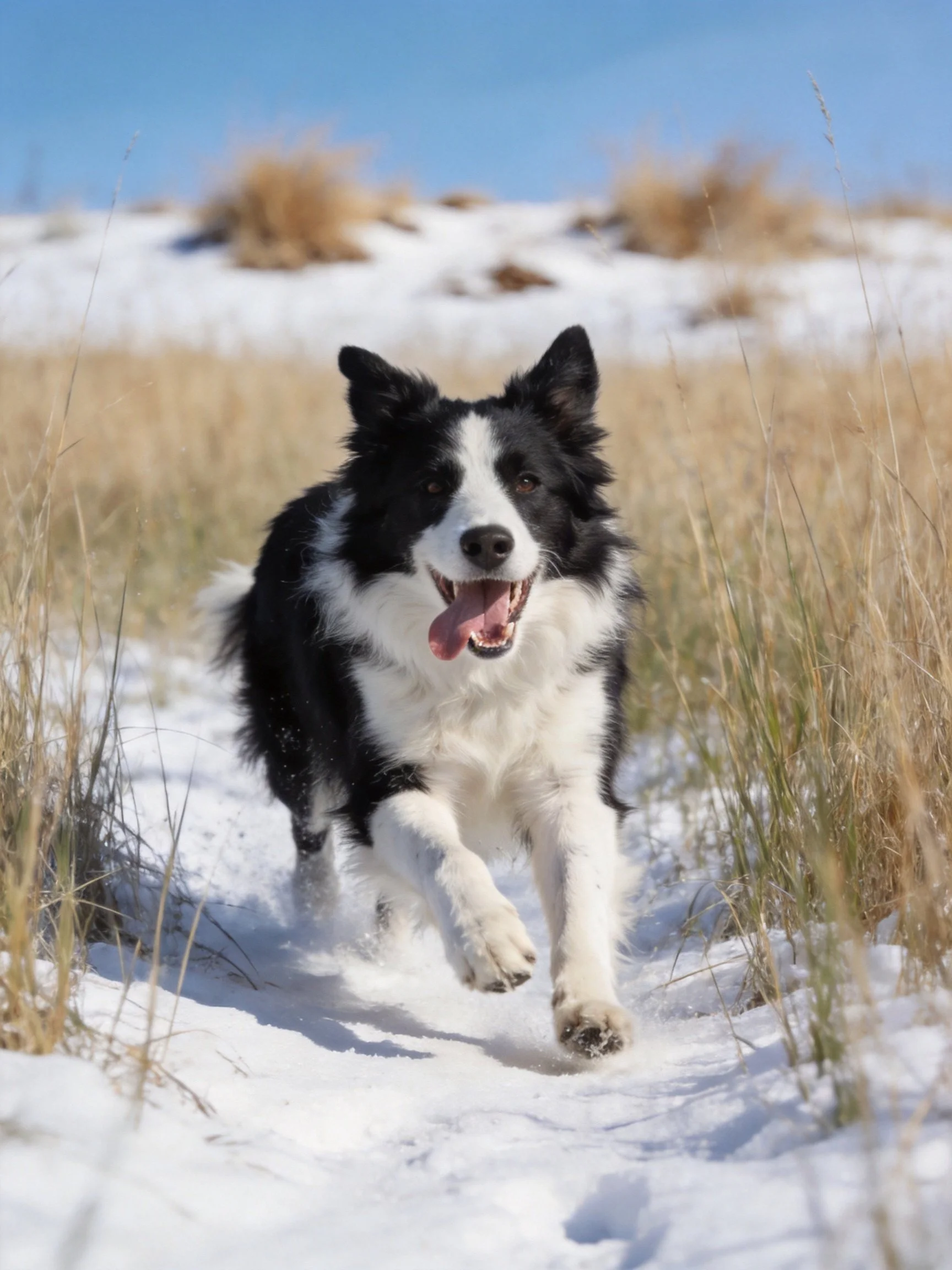 A black and white Border Collie runs joyfully through a snowy landscape.
