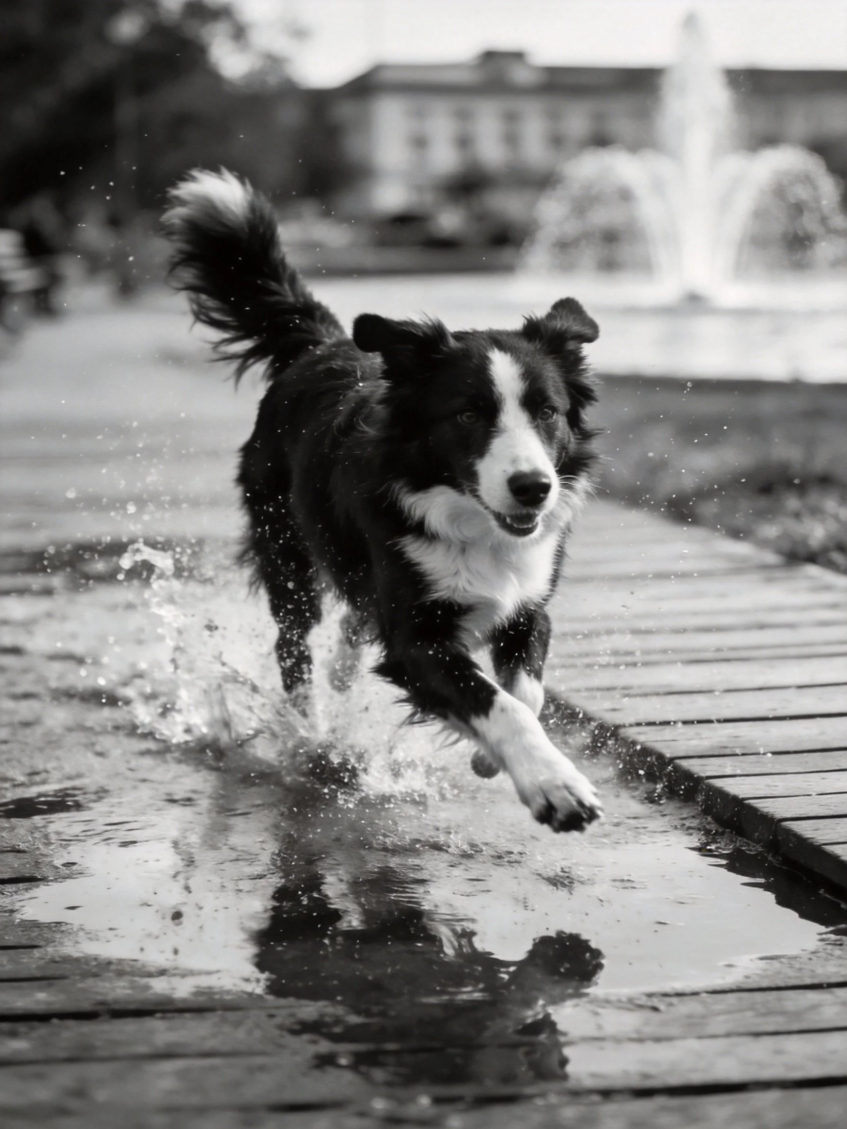 A black and white Border Collie runs through splashing water on a wet wooden path.