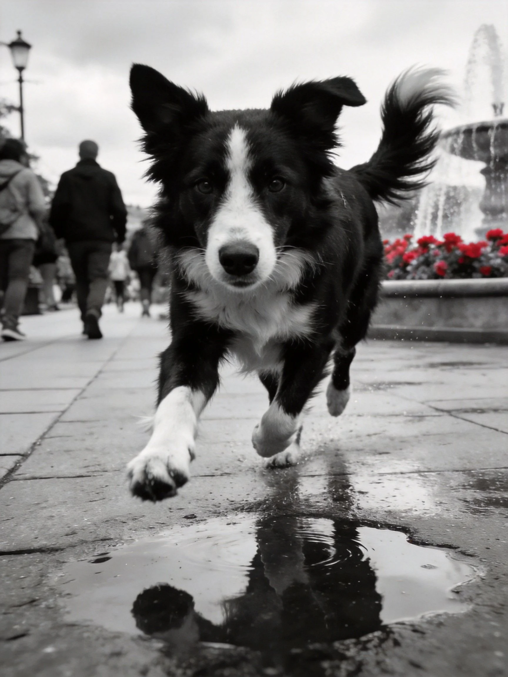 A black and white Border Collie runs toward the camera in an outdoor public plaza with pedestrians.
