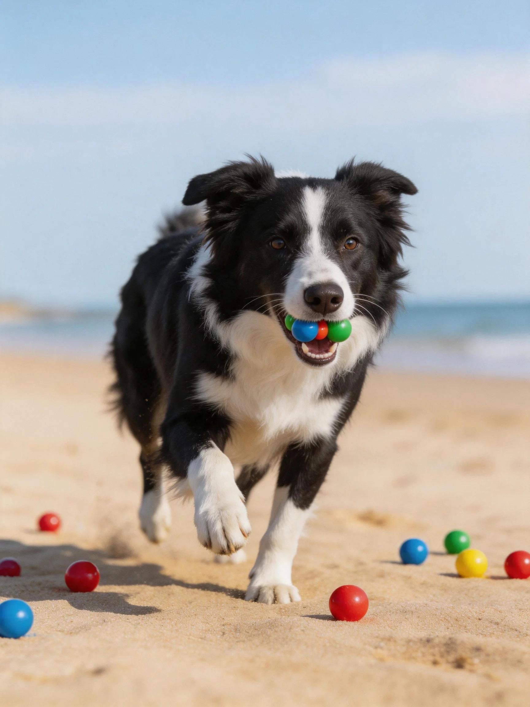 A black and white Border Collie runs along a sandy beach carrying colorful balls