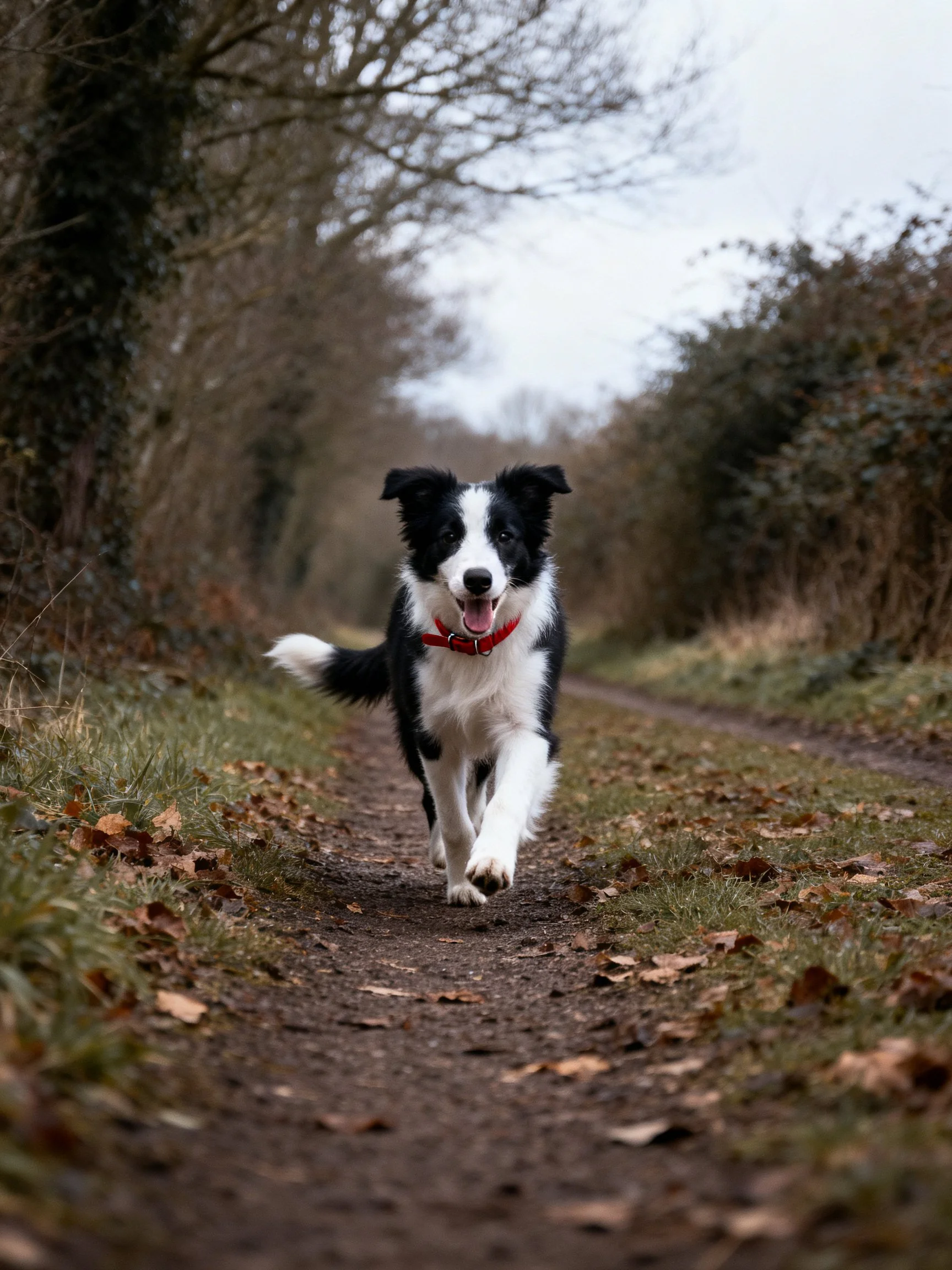 A black and white Border Collie runs energetically down a leaf-covered rural path.