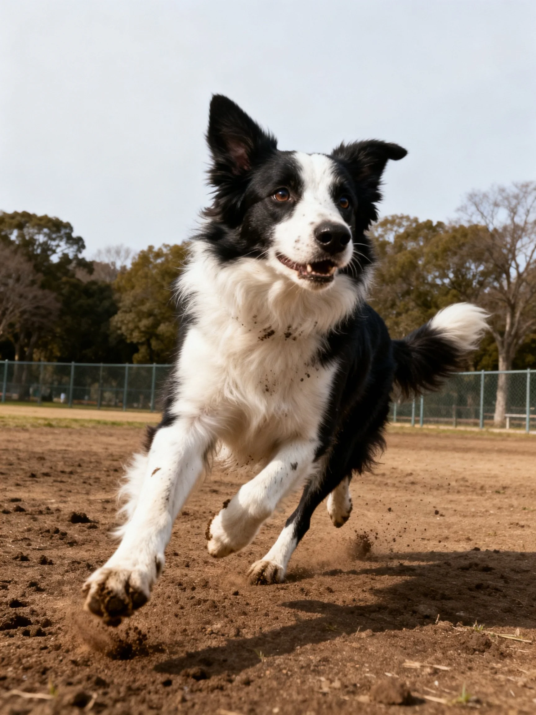 A black and white Border Collie runs quickly on a dirt field.