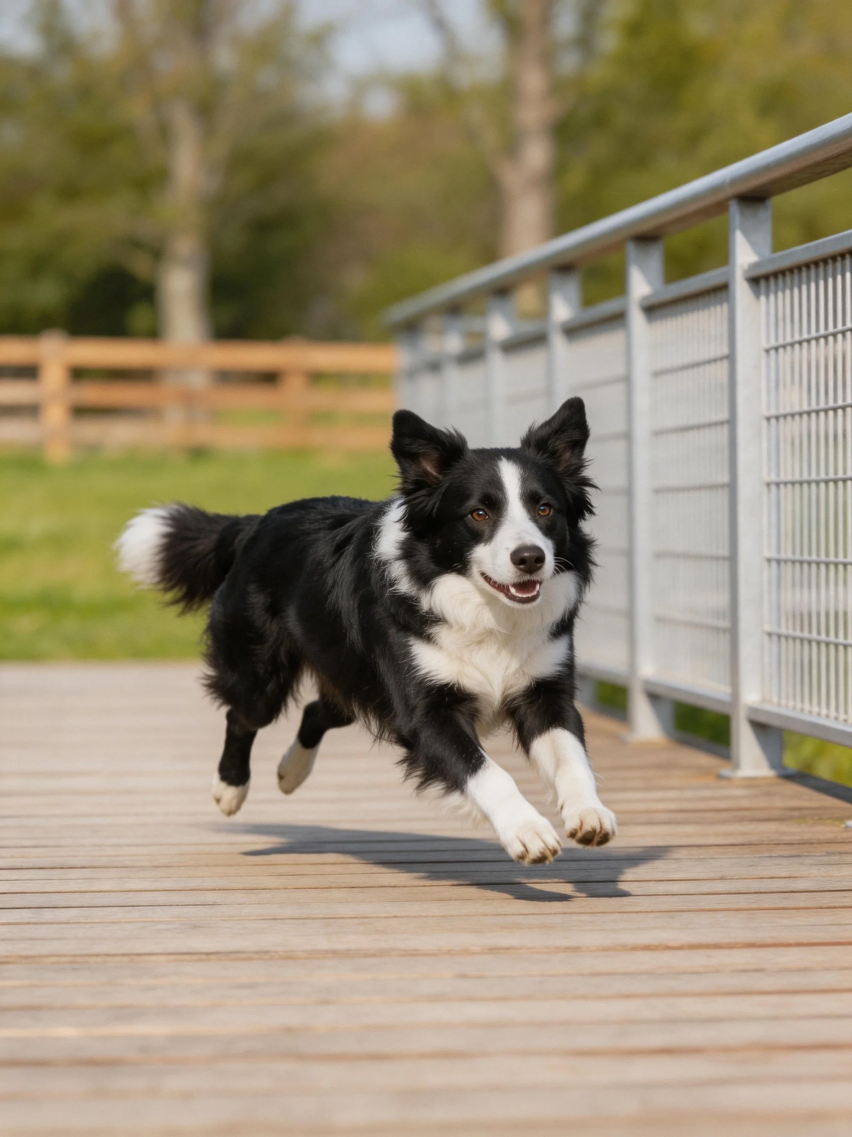 A black and white Border Collie dashes along a wooden walkway beside a metal fence.