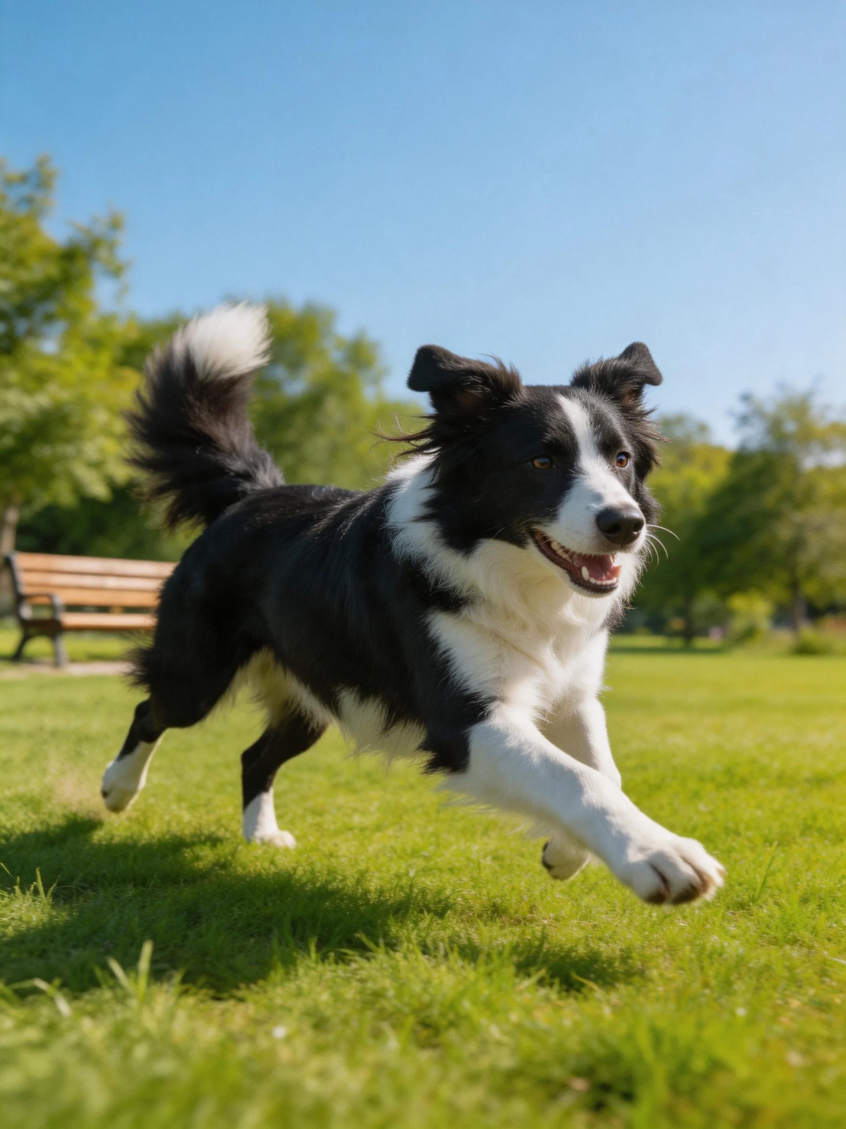 A black and white dog runs energetically in a sunny park.