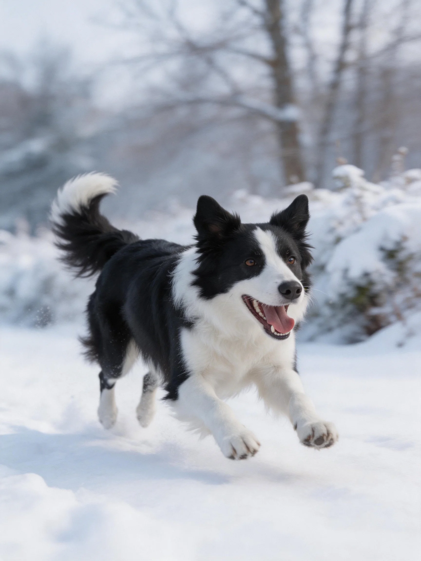 A black and white Border Collie enjoys running in the snow